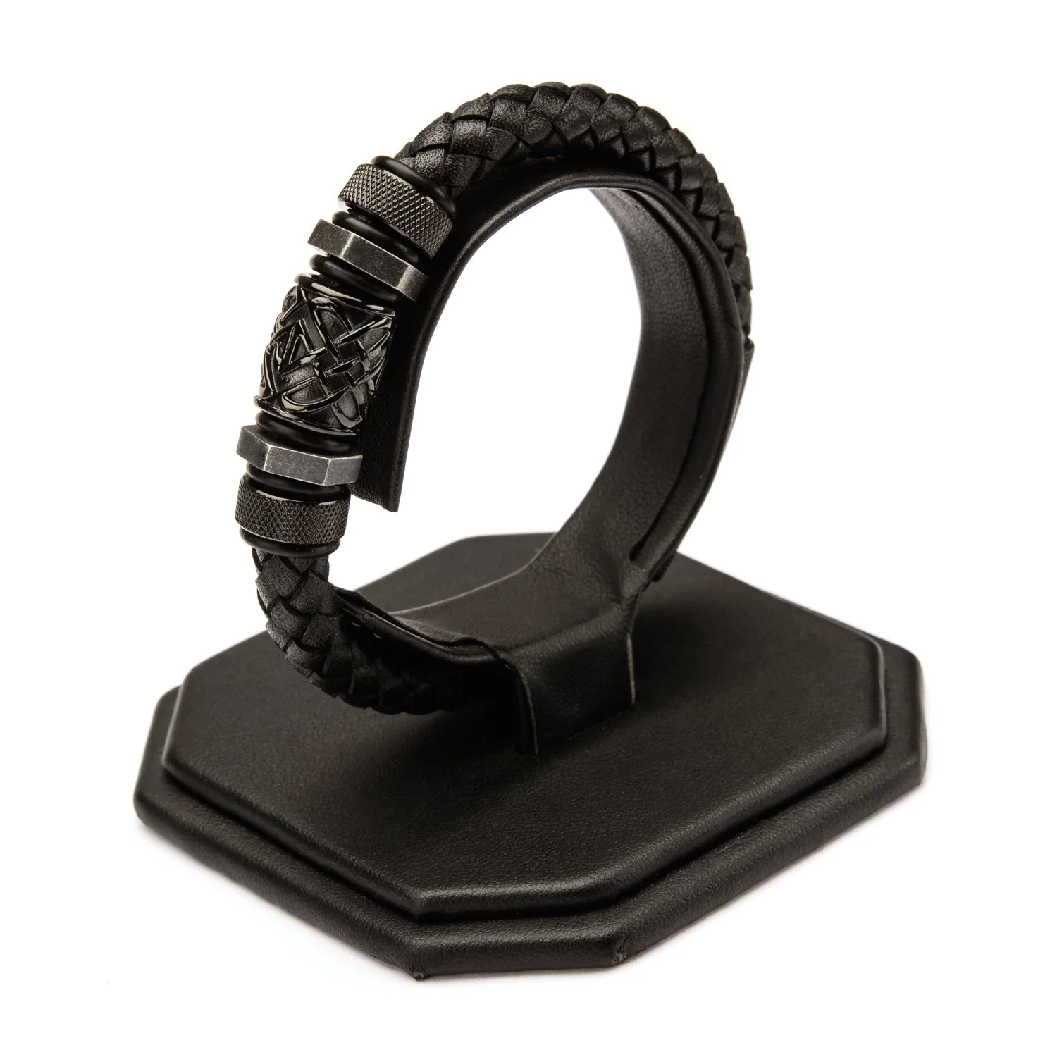 Mens Black Braided Leather with Steel Black IP Beads 8.3mm Bracelet