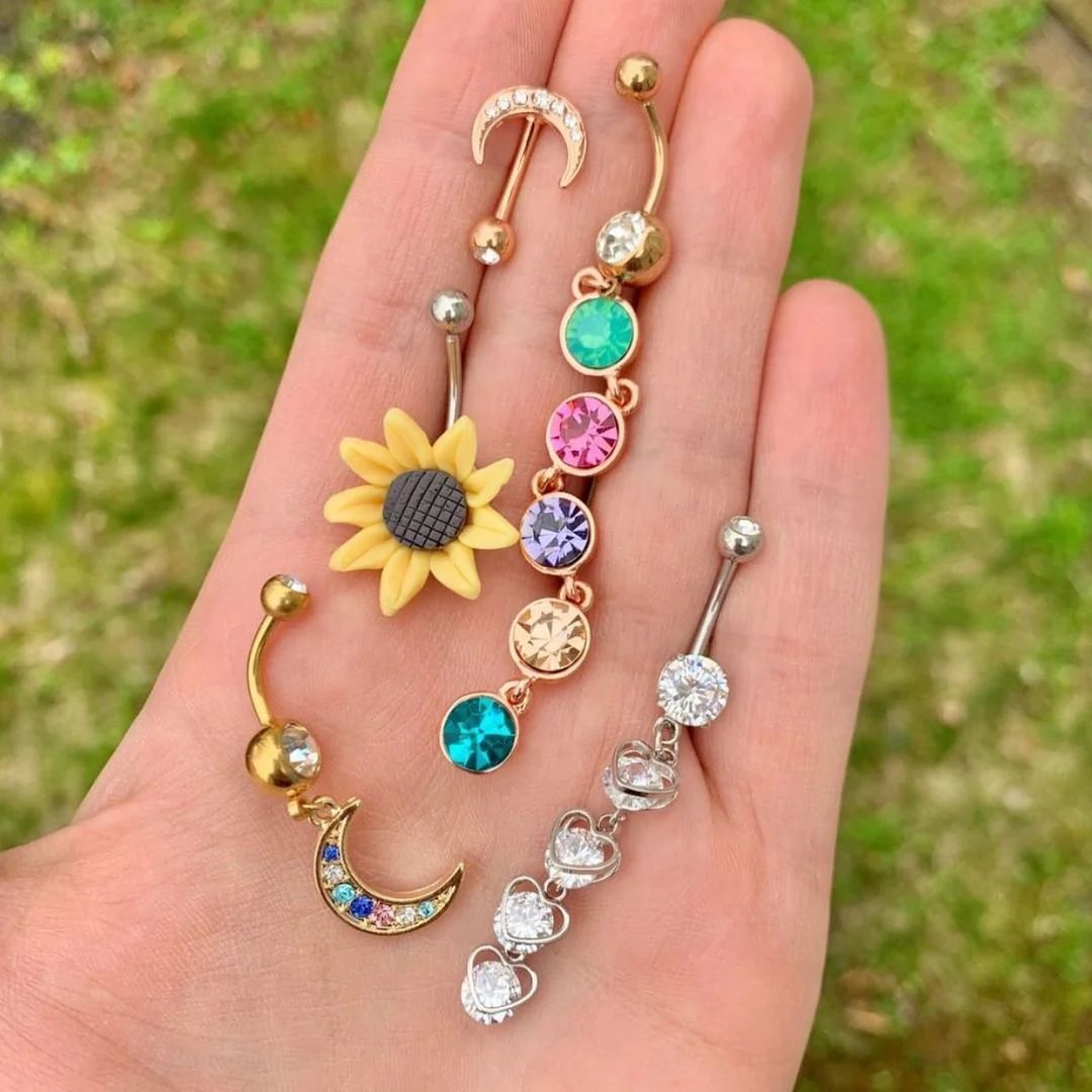 Multicolor Gem Gold Tone Crescent Moon Dangle Belly Ring - Image 2
