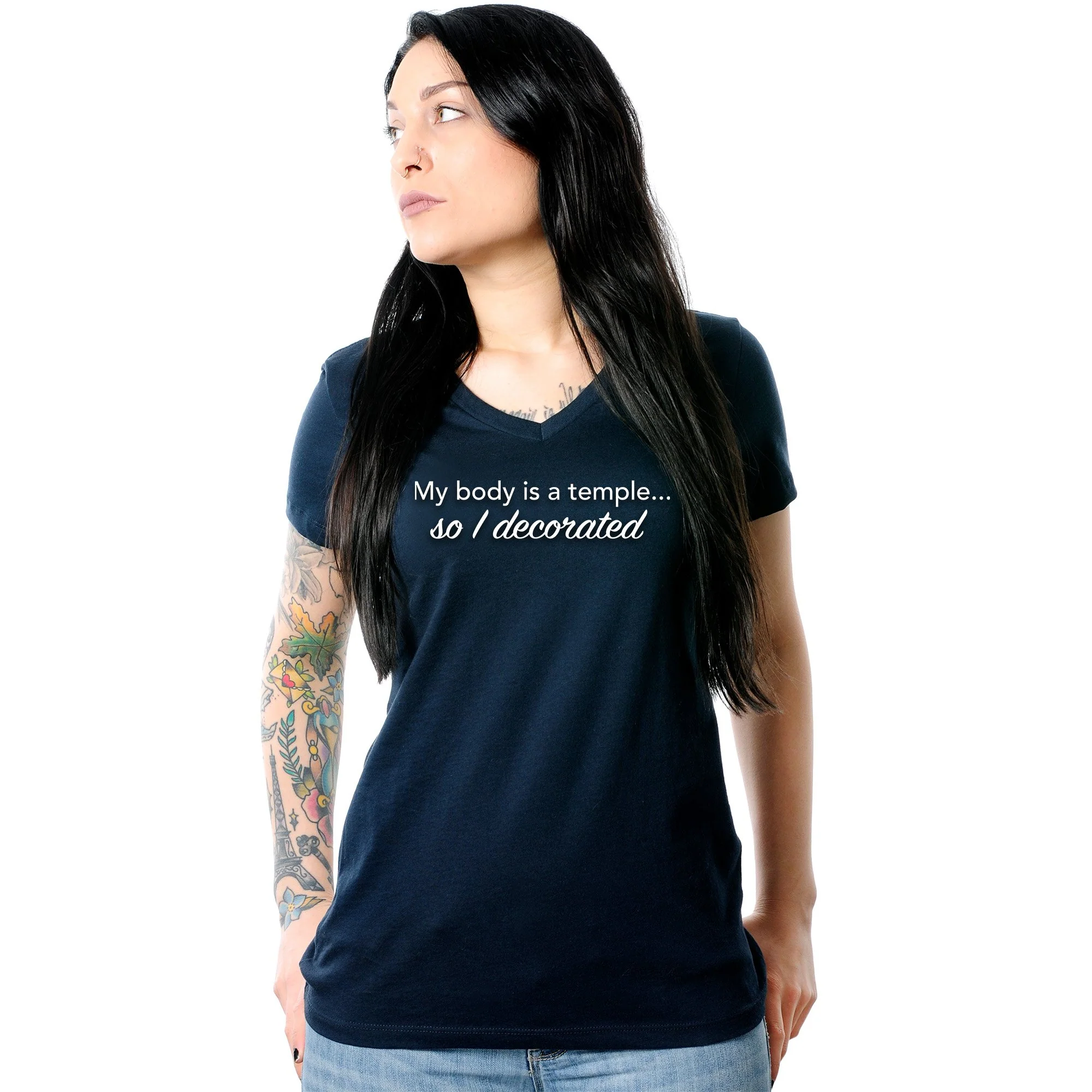 My Body is a Temple... So I Decorated Black Tapered V-Neck Tee Shirt - Image 9