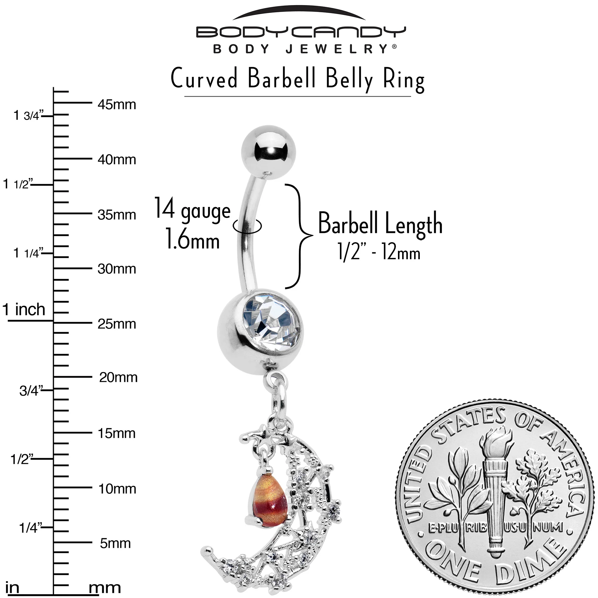 Orange Clear Gem Constellation Moon Dangle Belly Ring - Image 6