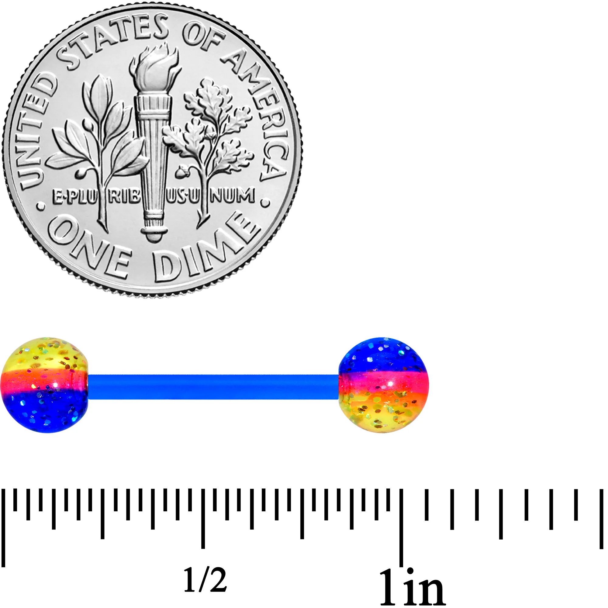 Orange Yellow Blue UV Glow Flexible Acrylic Barbell Tongue Ring - Image 2