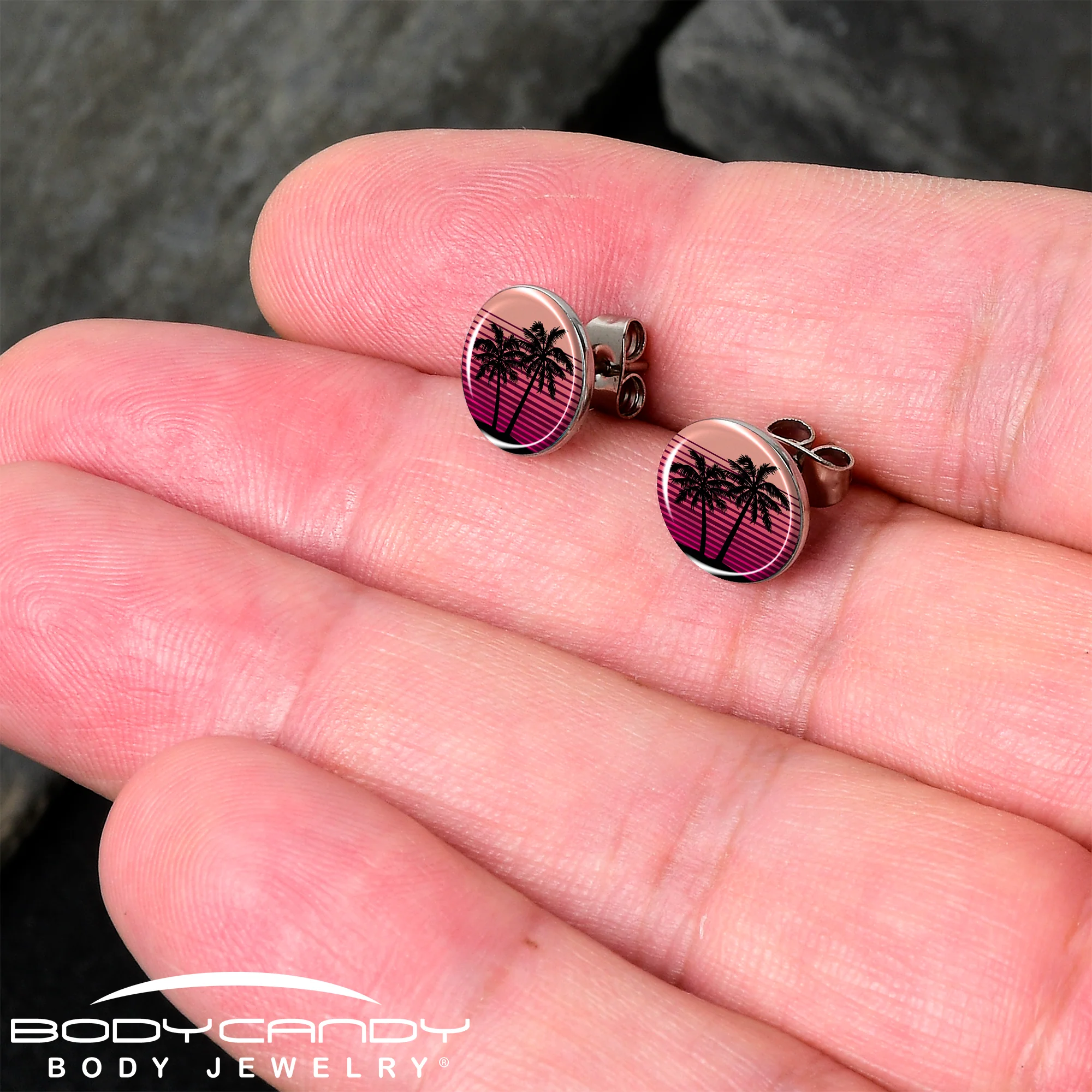 Palm Tree Retro Sunset Stud Earrings by Onyx O - Image 2