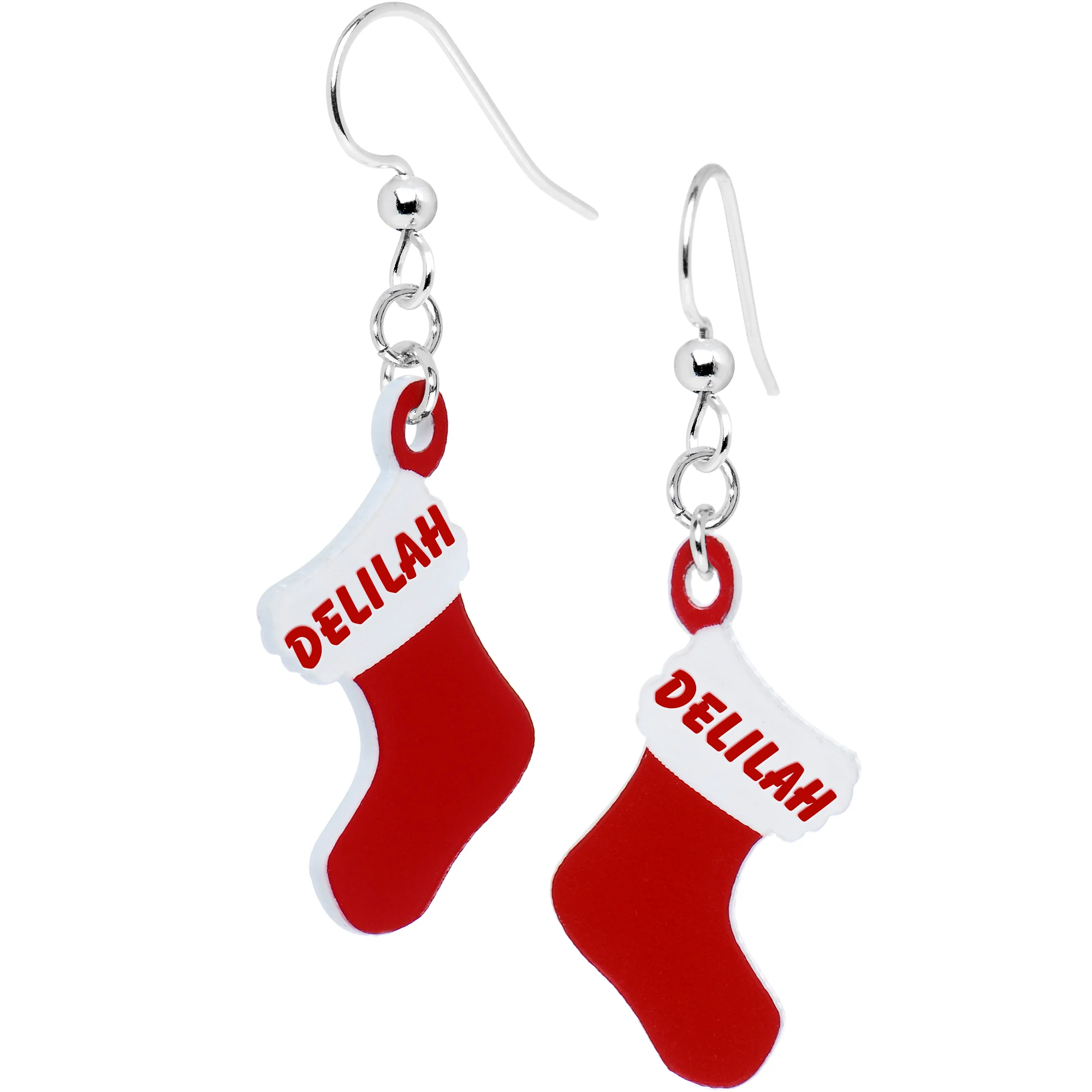 Custom Holiday Christmas Stocking Personalized Name Fishhook Earrings - Image 2