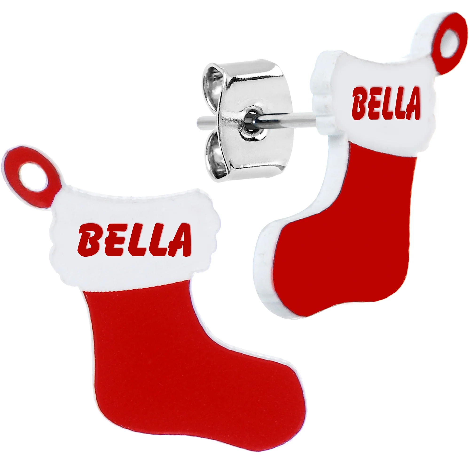 Custom Holiday Christmas Stocking Personalized Name Stud Earrings - Image 2