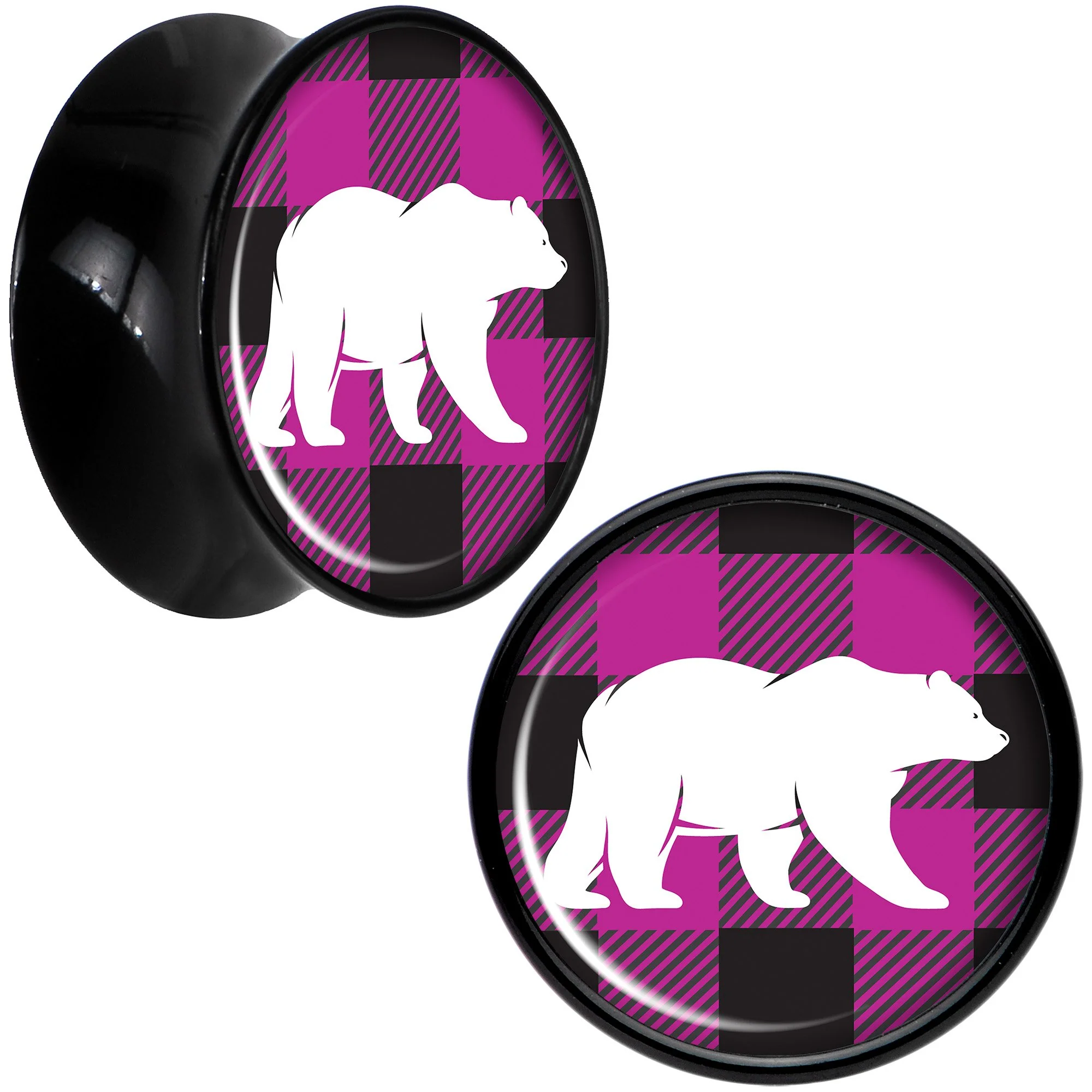 Pink Black Plaid Polar Bear Black Acrylic Saddle Plug Set Sizes 5mm to 20mm - Image 6