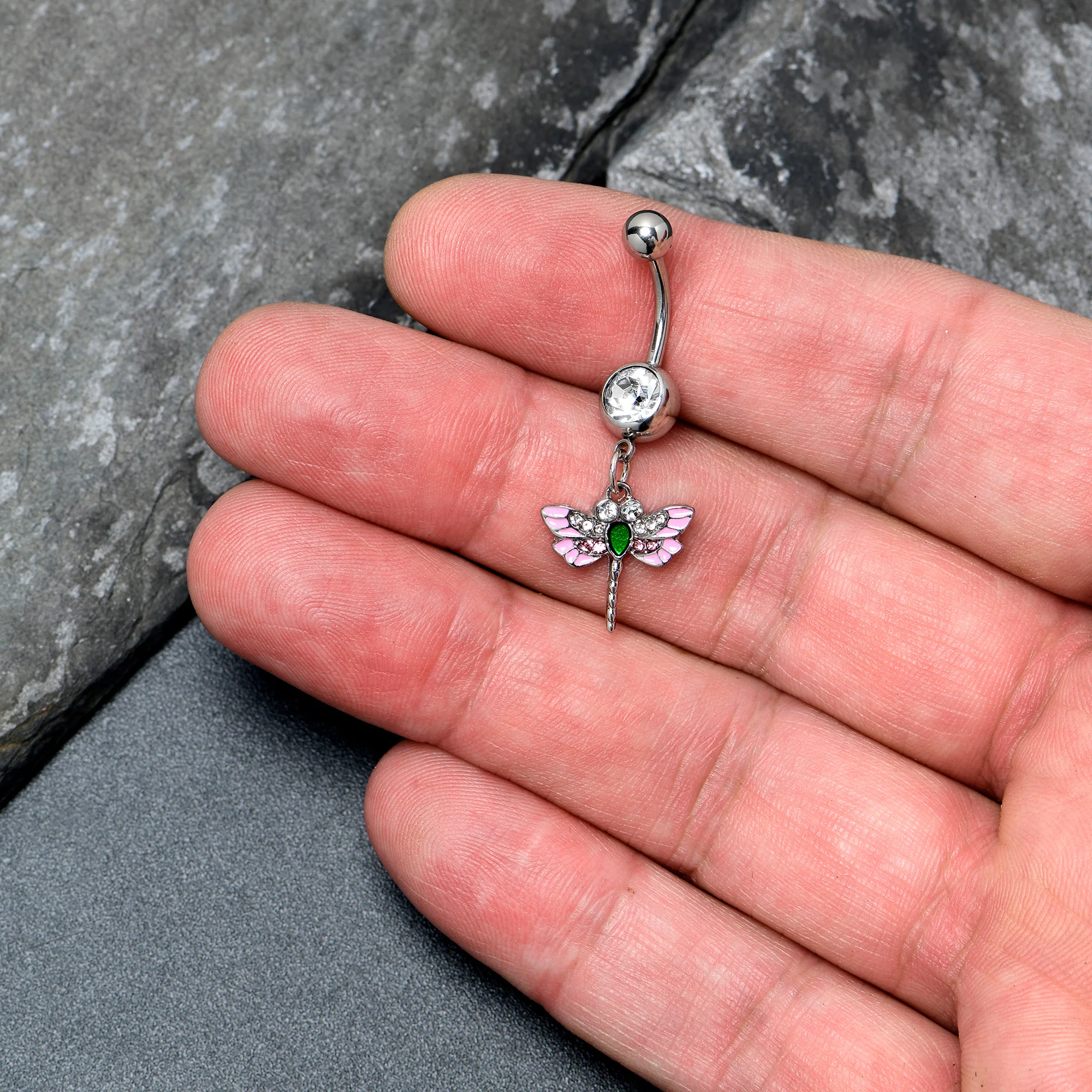 Pink Clear Gem Bright Dragonfly Pink Dangle Belly Ring - Image 2
