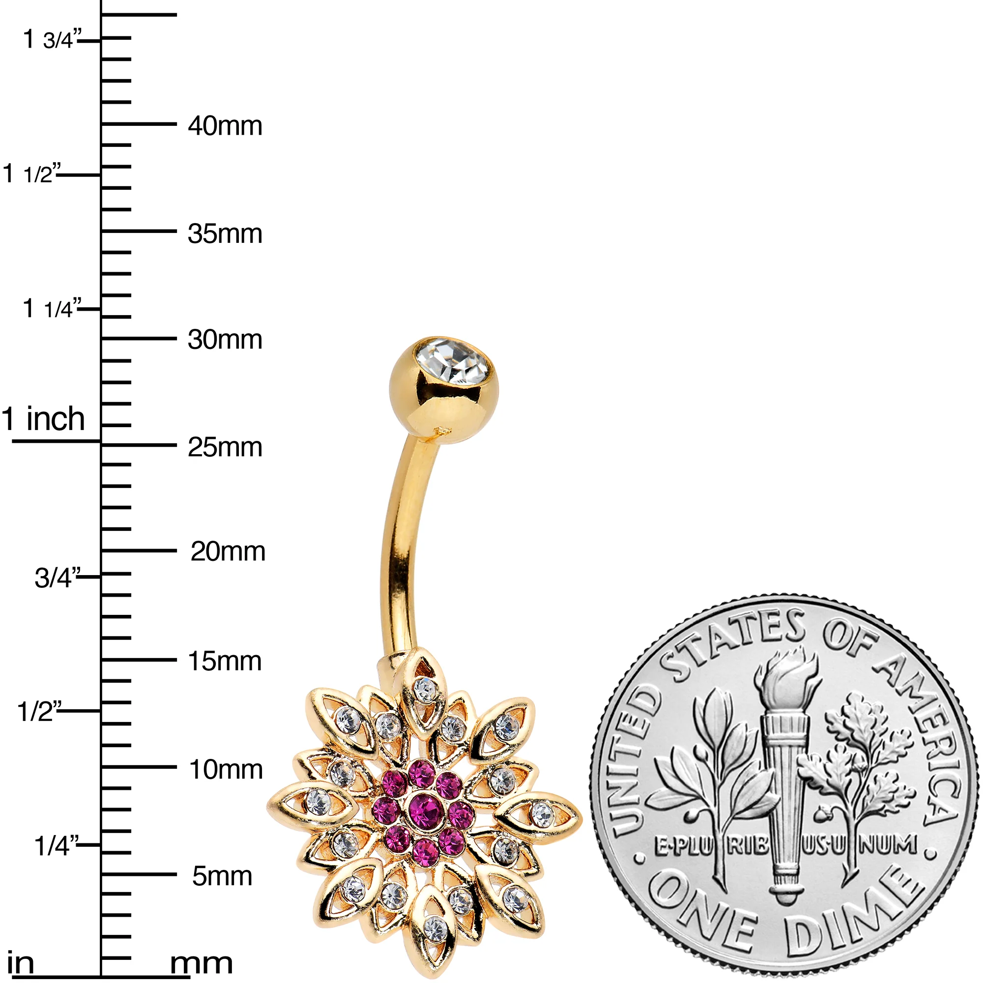 Pink Clear Gem Gold Tone Opulent Starry Flower Belly Ring - Image 2