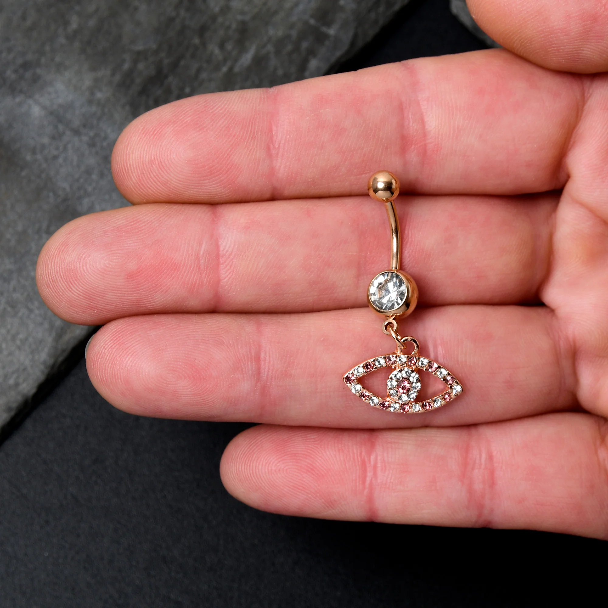 Pink Clear Gem Rose Gold Tone Wide Eye Dangle Belly Ring - Image 2