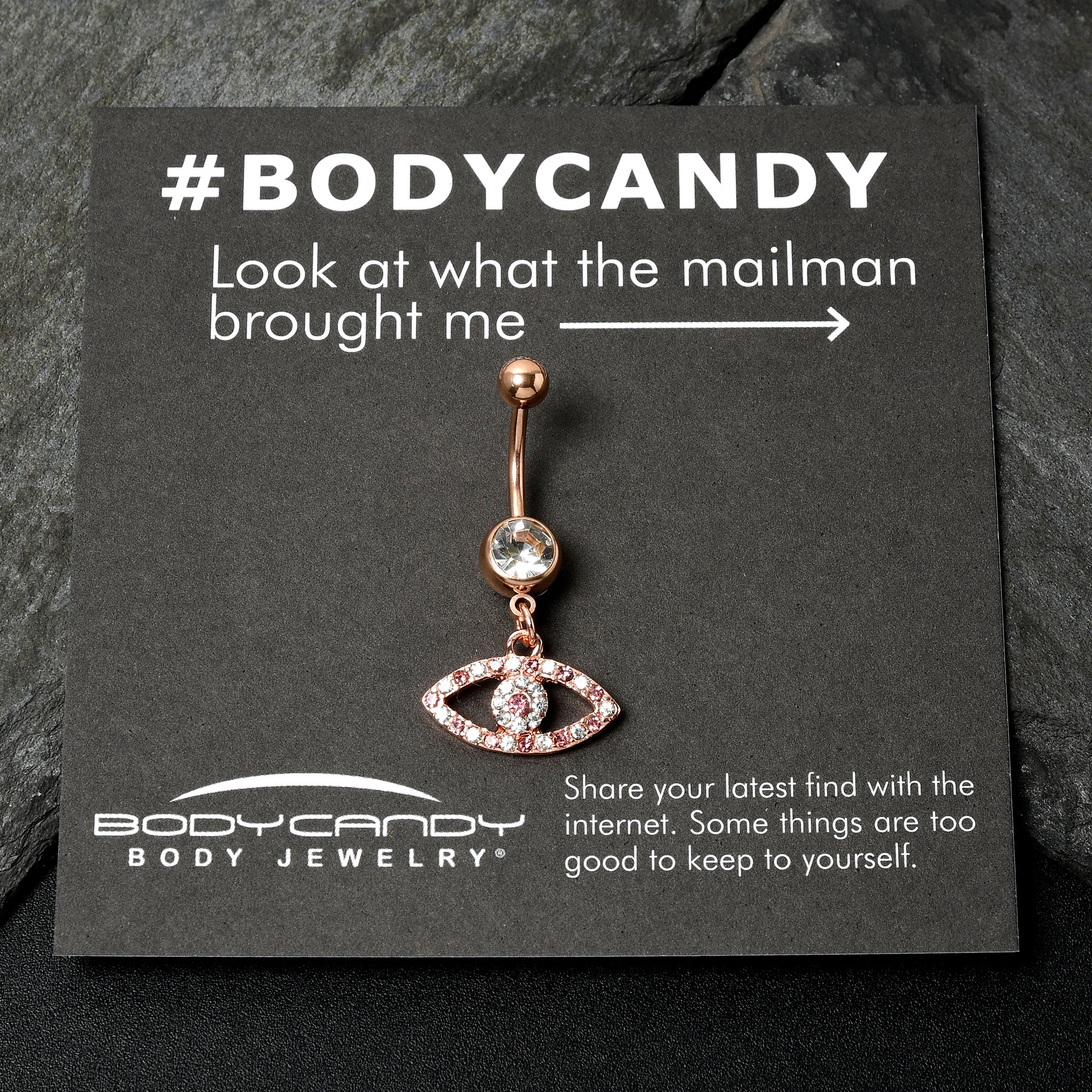 Pink Clear Gem Rose Gold Tone Wide Eye Dangle Belly Ring - Image 5