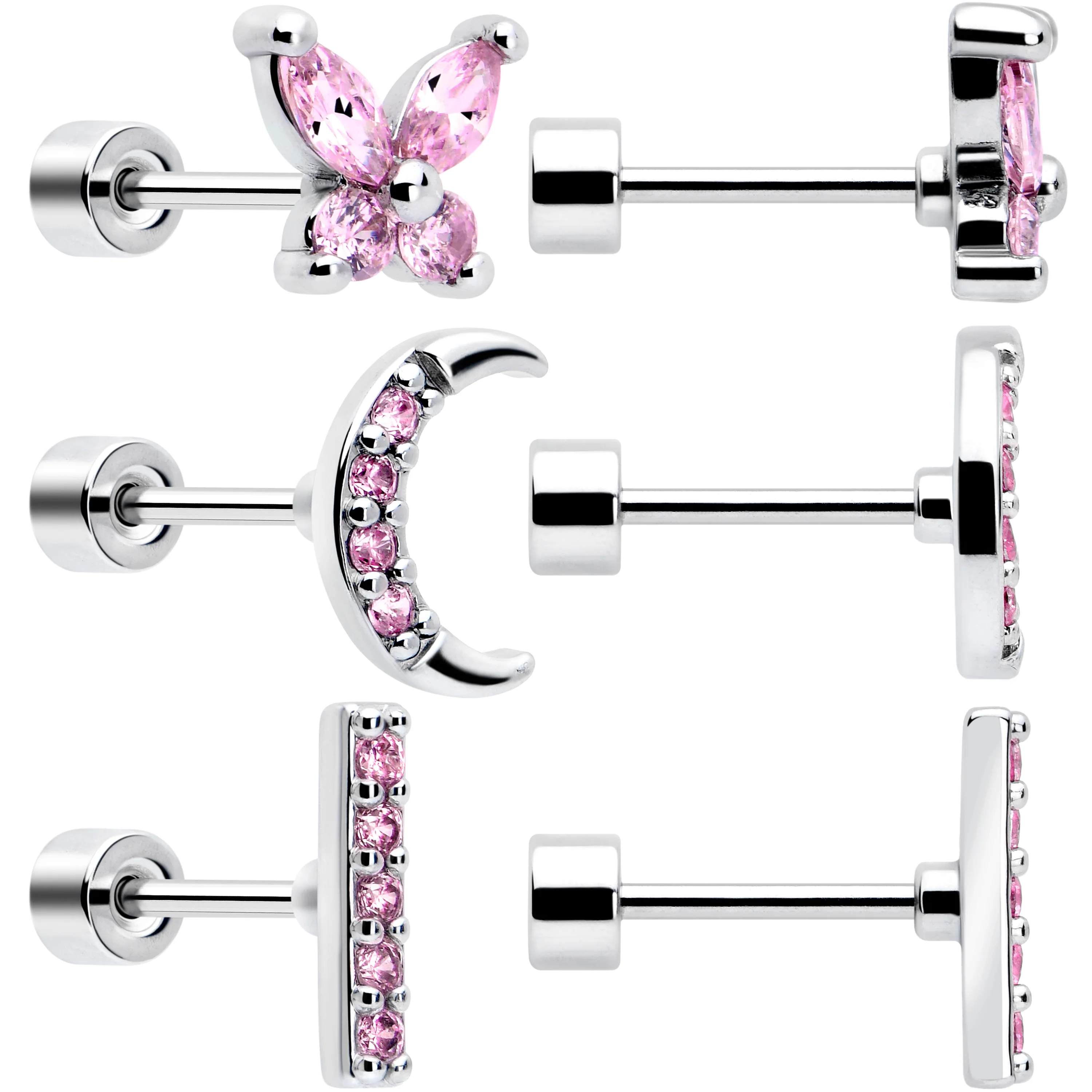 Pink CZ Celestial Butterfly Flat Back Stud Earrings - 3 Pairs - Image 2