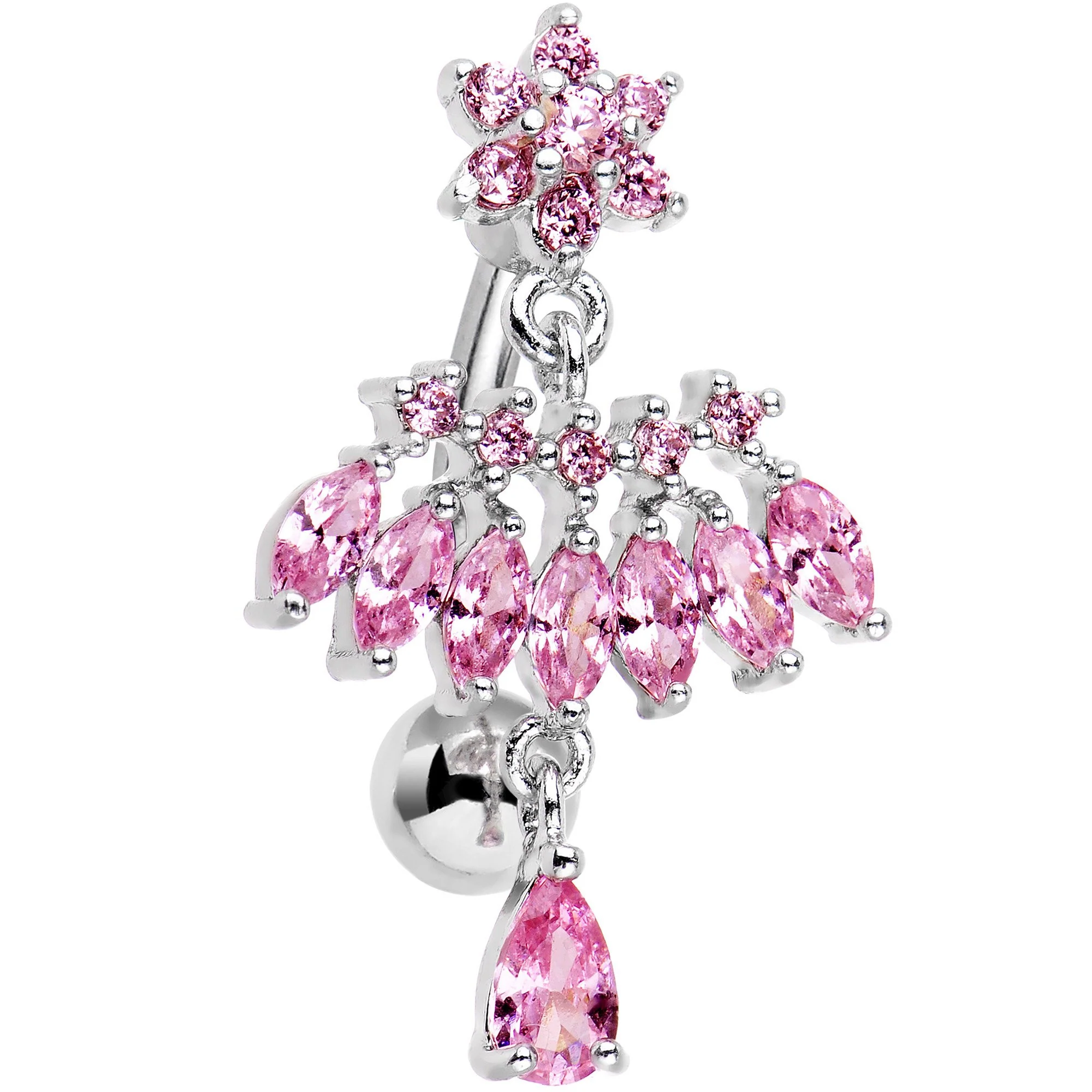 Pink CZ Chandelier Top Mount Dangle Belly Ring - Image 2