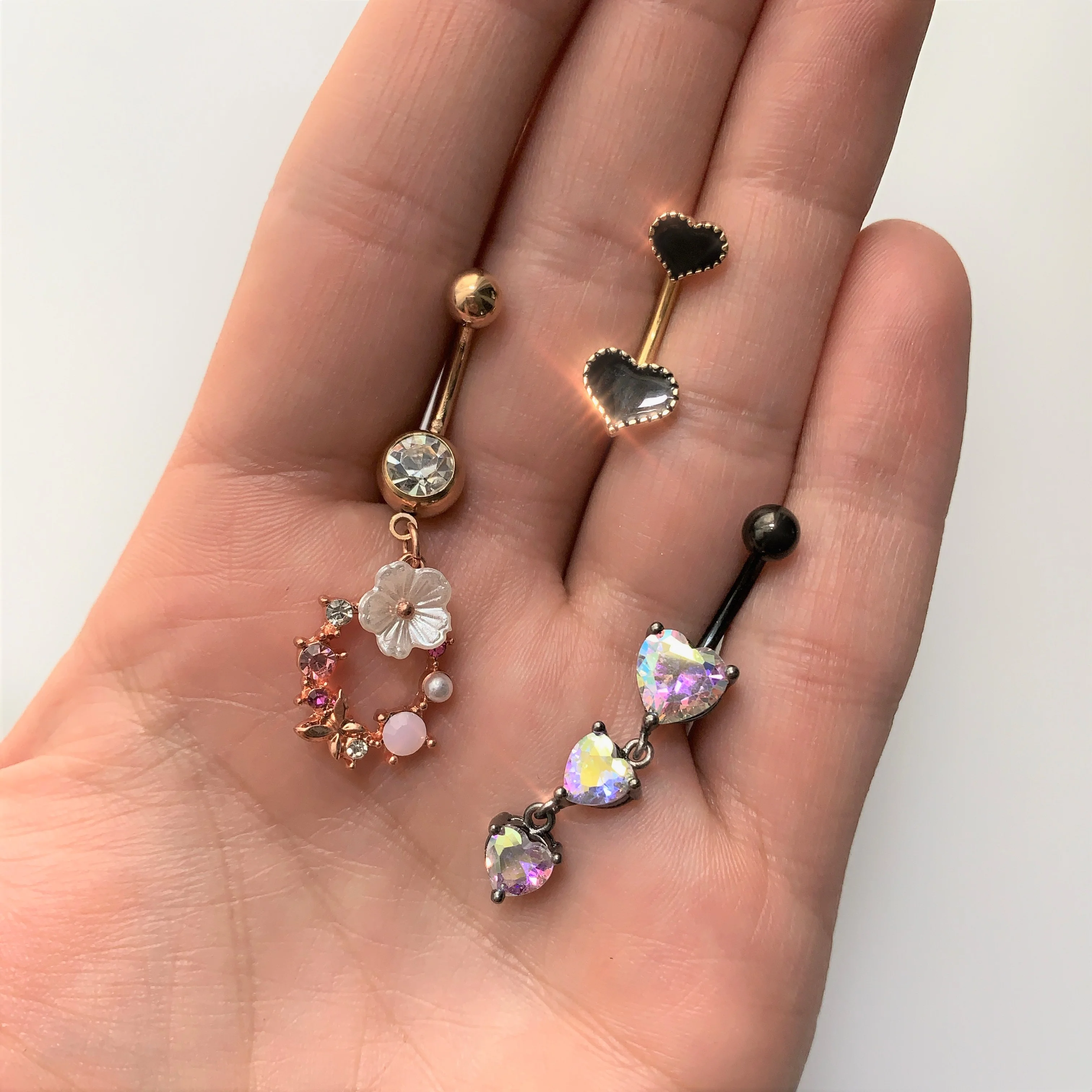 Pink CZ Gem Black Triple Heart Dangle Belly Ring - Image 2