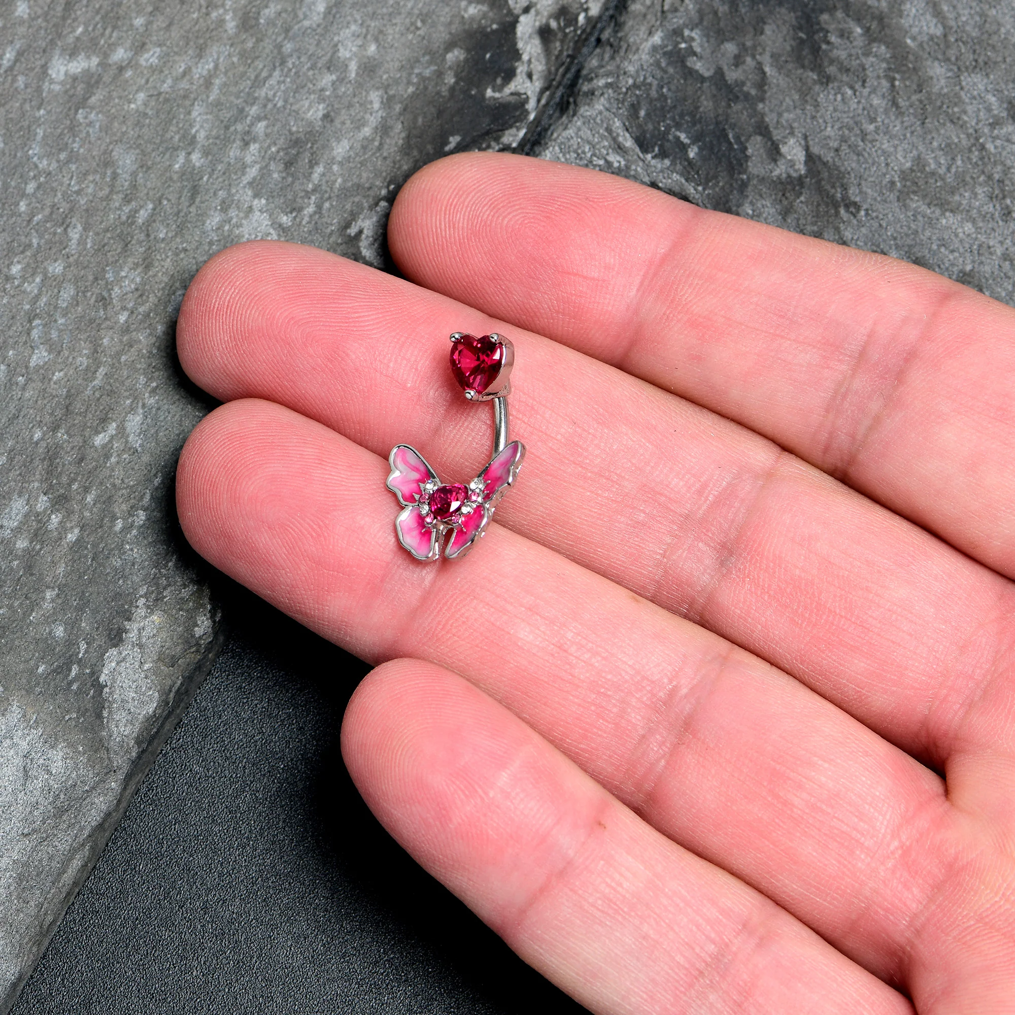 Pink CZ Gem Butterfly Love Heart Double Mount Belly Ring - Image 2
