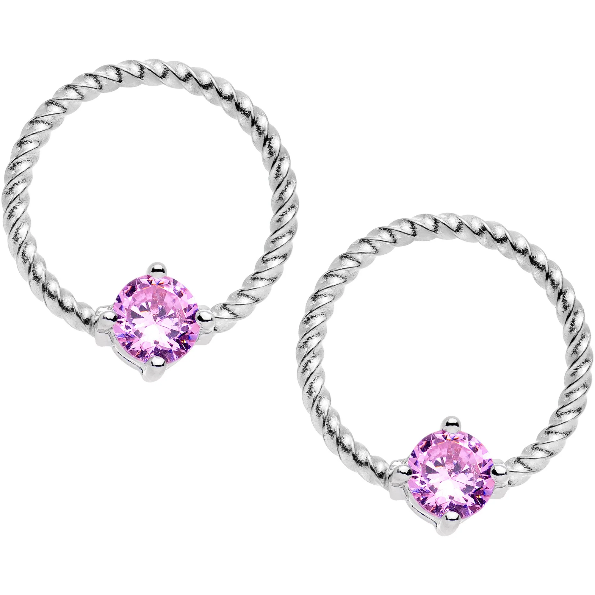 14G 5/8 Pink CZ Gem Twisted Captive Ring Barbell Nipple Ring Set - Image 3