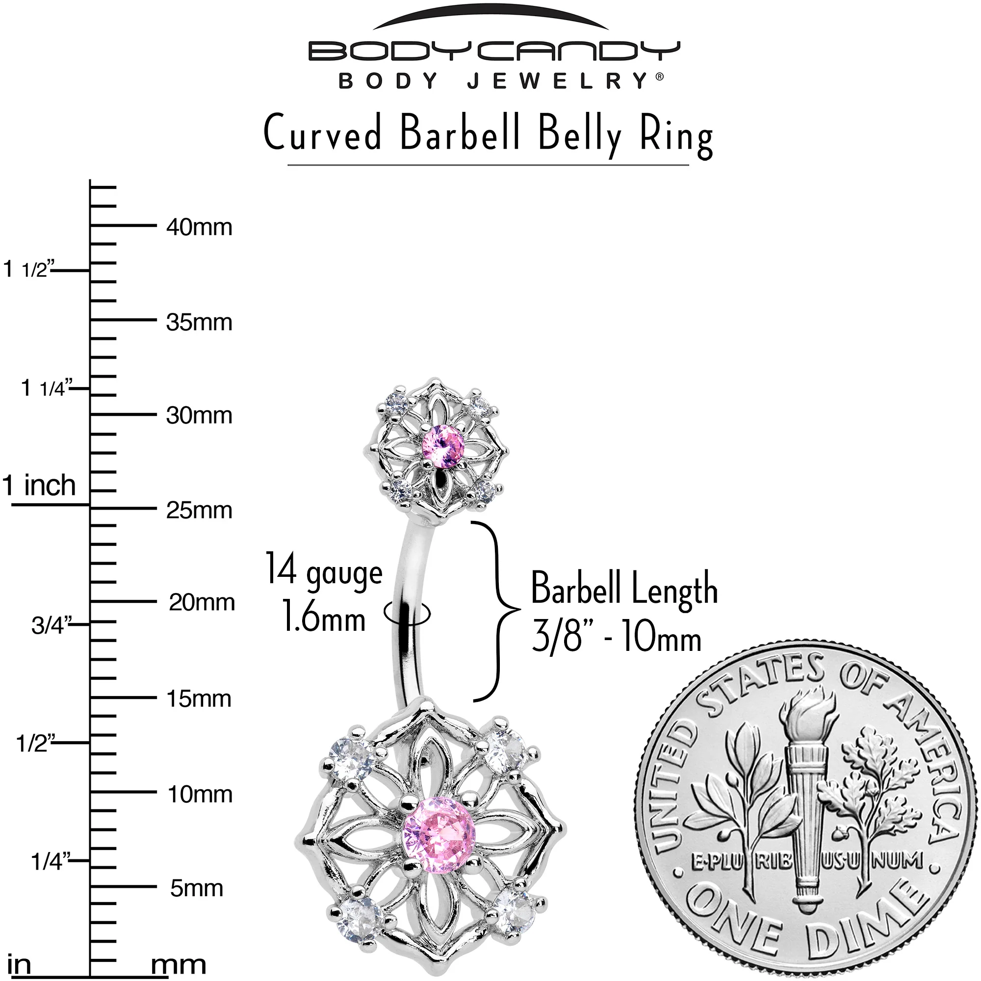 Pink CZ Gem Flower Circle Double Mount Belly Ring - Image 3