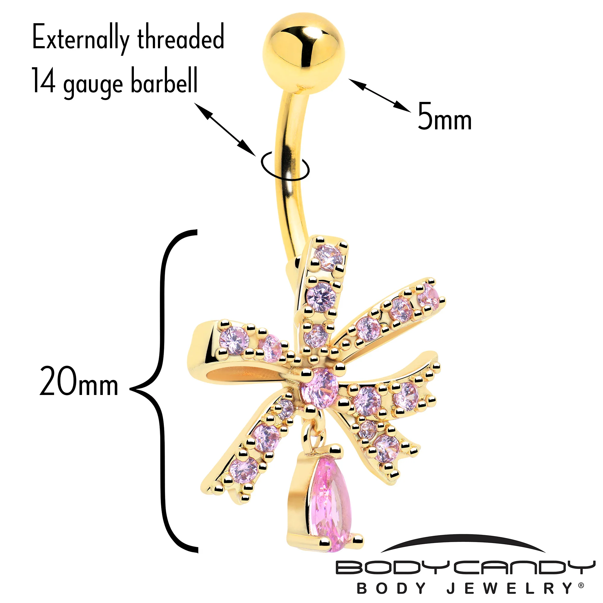 Pink CZ Gem Gold Tone Ribbon Splendor Dangle Belly Ring - Image 2
