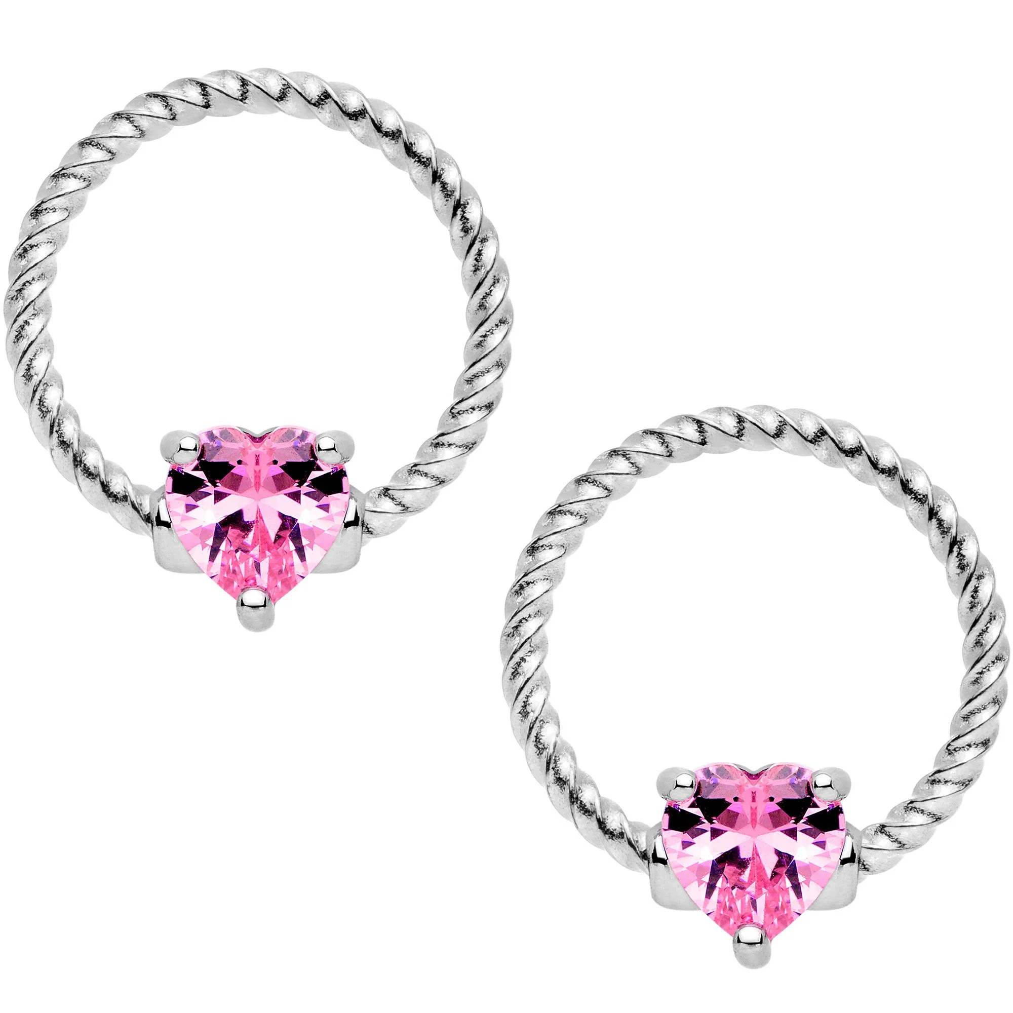 14G Pink CZ Gem Heart Twisted BCR Ring Barbell Nipple Ring Set - Image 3