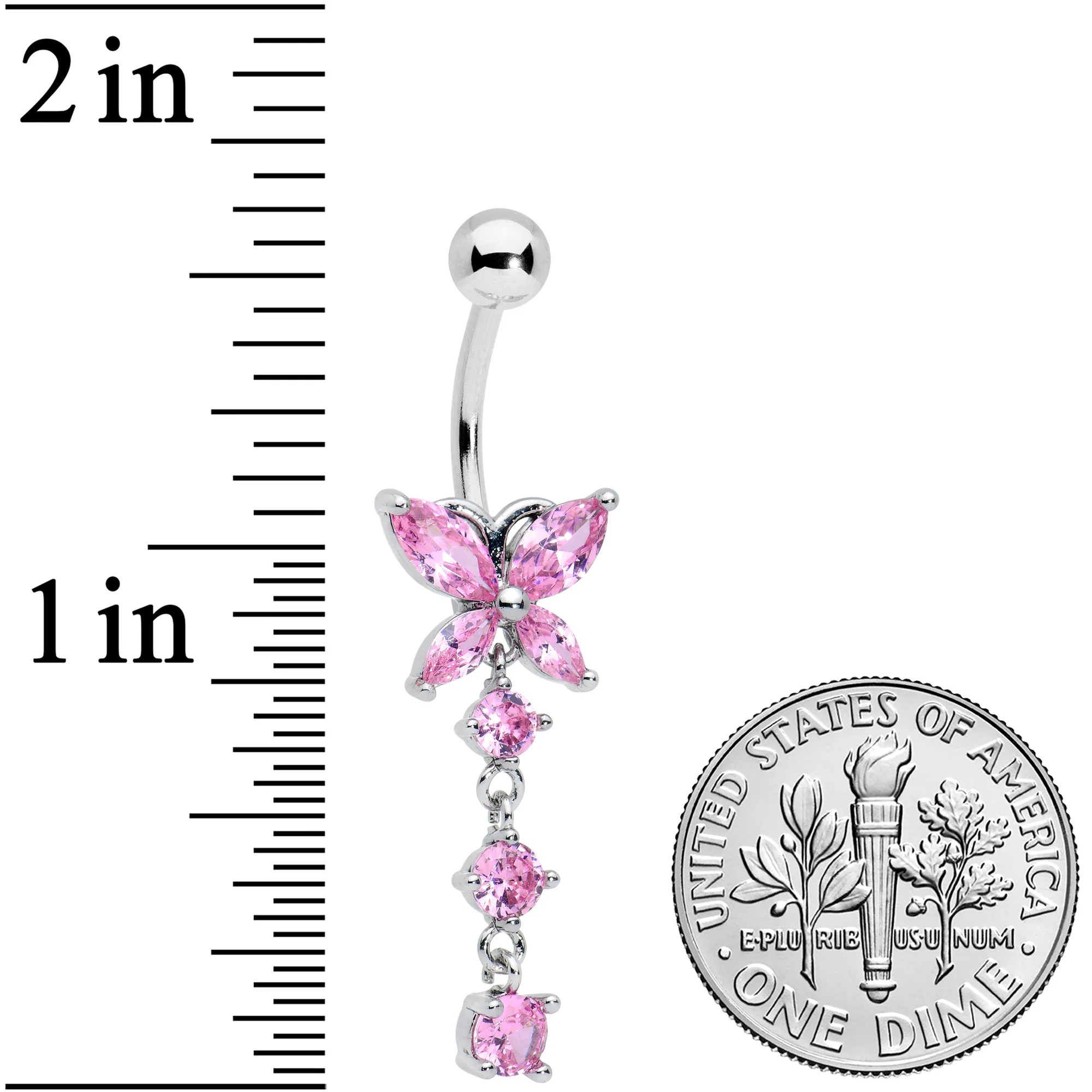 Pink CZ Gem Open Wing Butterfly Dangle Belly Ring - Image 2