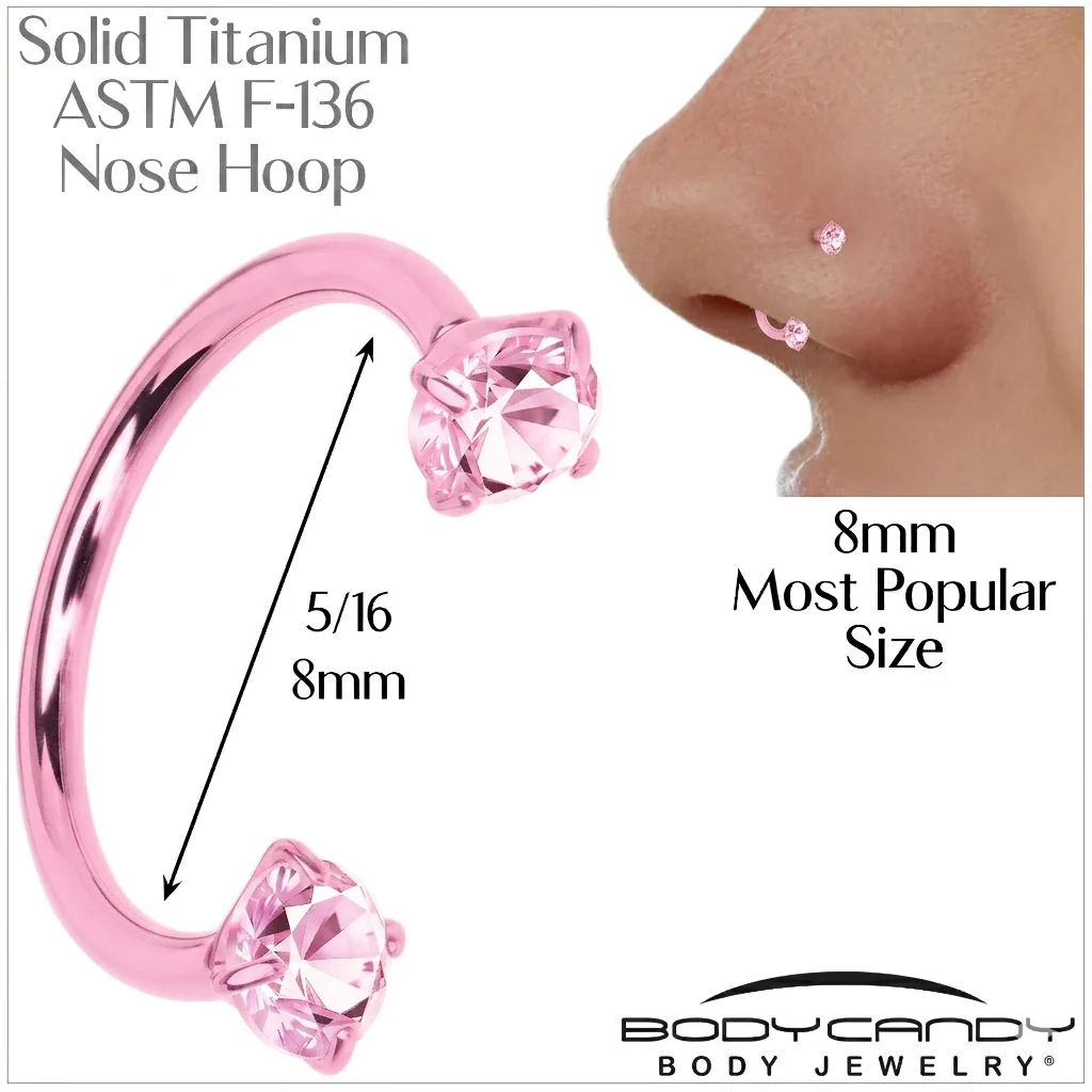 Pink Double Gem Horseshoe Nose Ring - Solid Titanium Anodized - Image 3