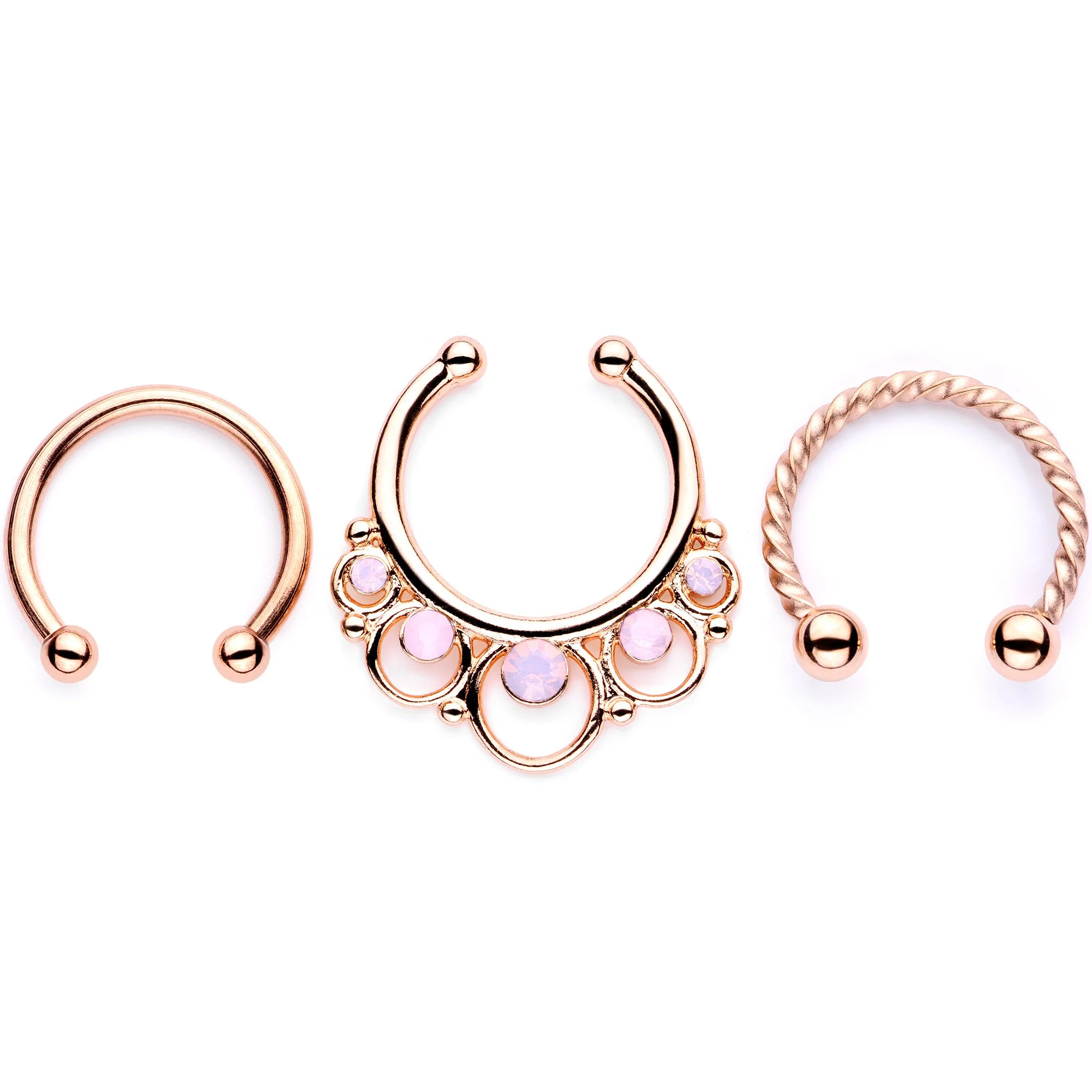 16G Pink Faux Opal Rose Gold Tone Twisted Horseshoe Clip On Fake Septum Ring Set - Image 2