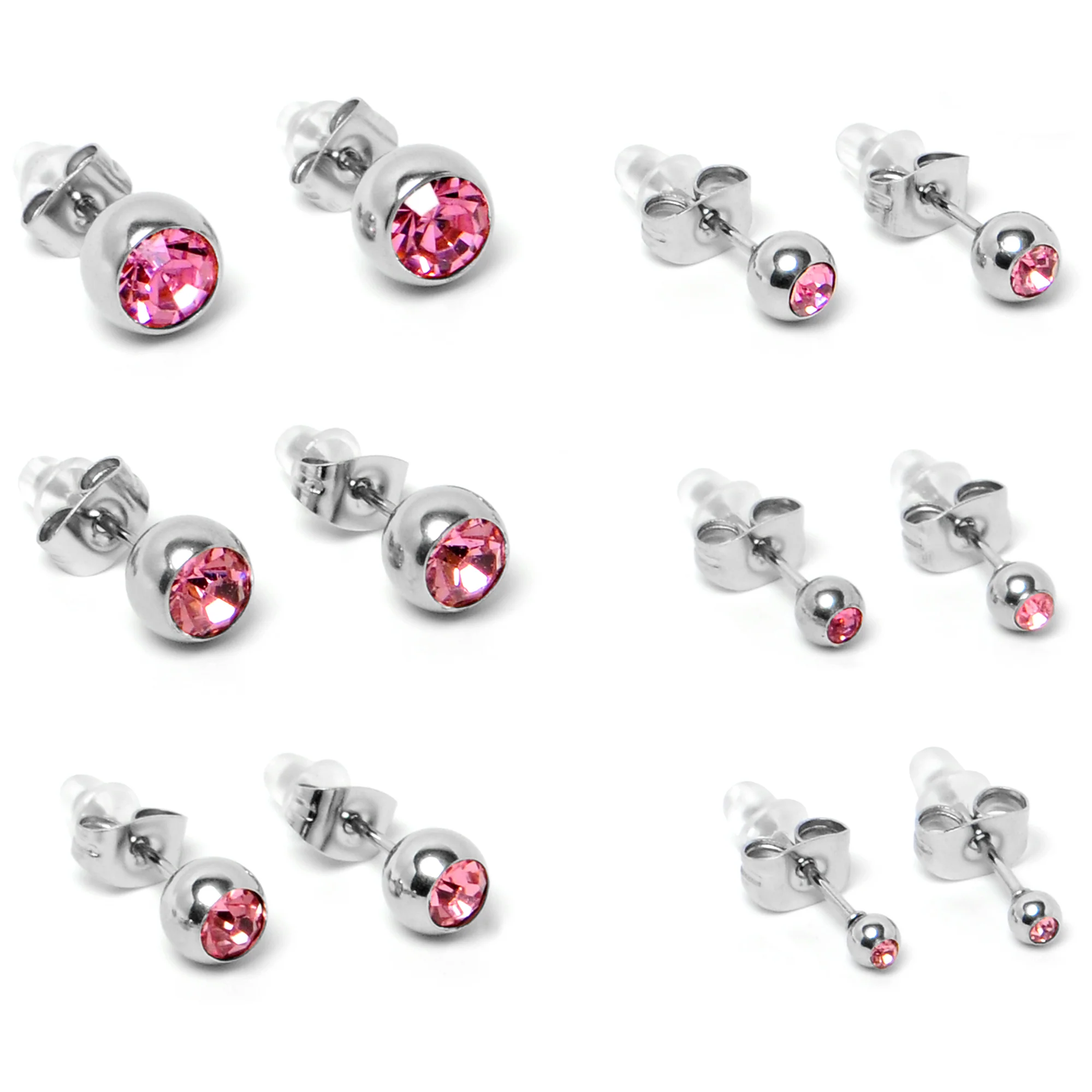 Pink Gem 3mm to 8mm Ball End Stud Earrings Set of 6 - Image 5