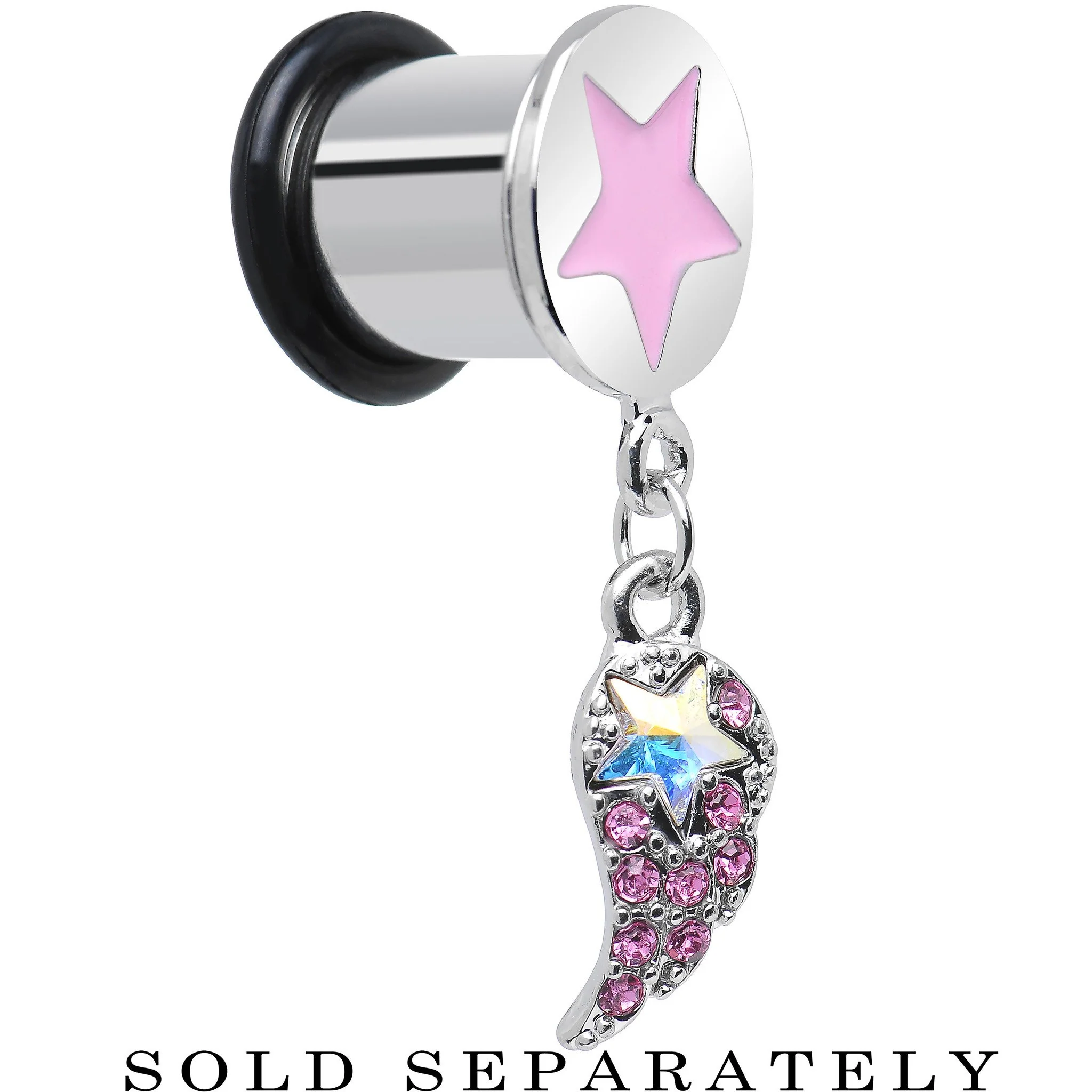 Pink Gem Angel Wing and Pink Star Single Flare Dangle Plug Sizes 5mm to 14mm - Image 2