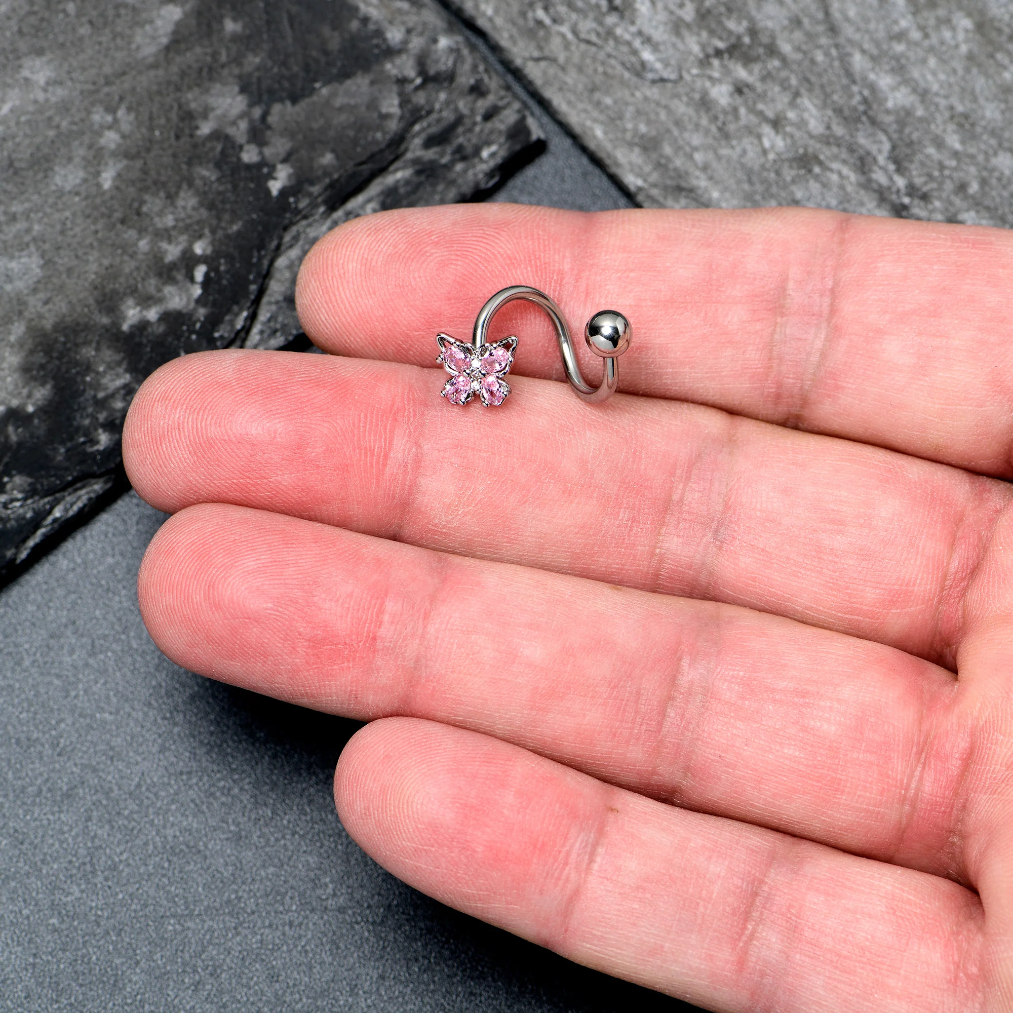Pink Gem Baroque Beauty Butterfly Spiral Twister Belly Ring - Image 2