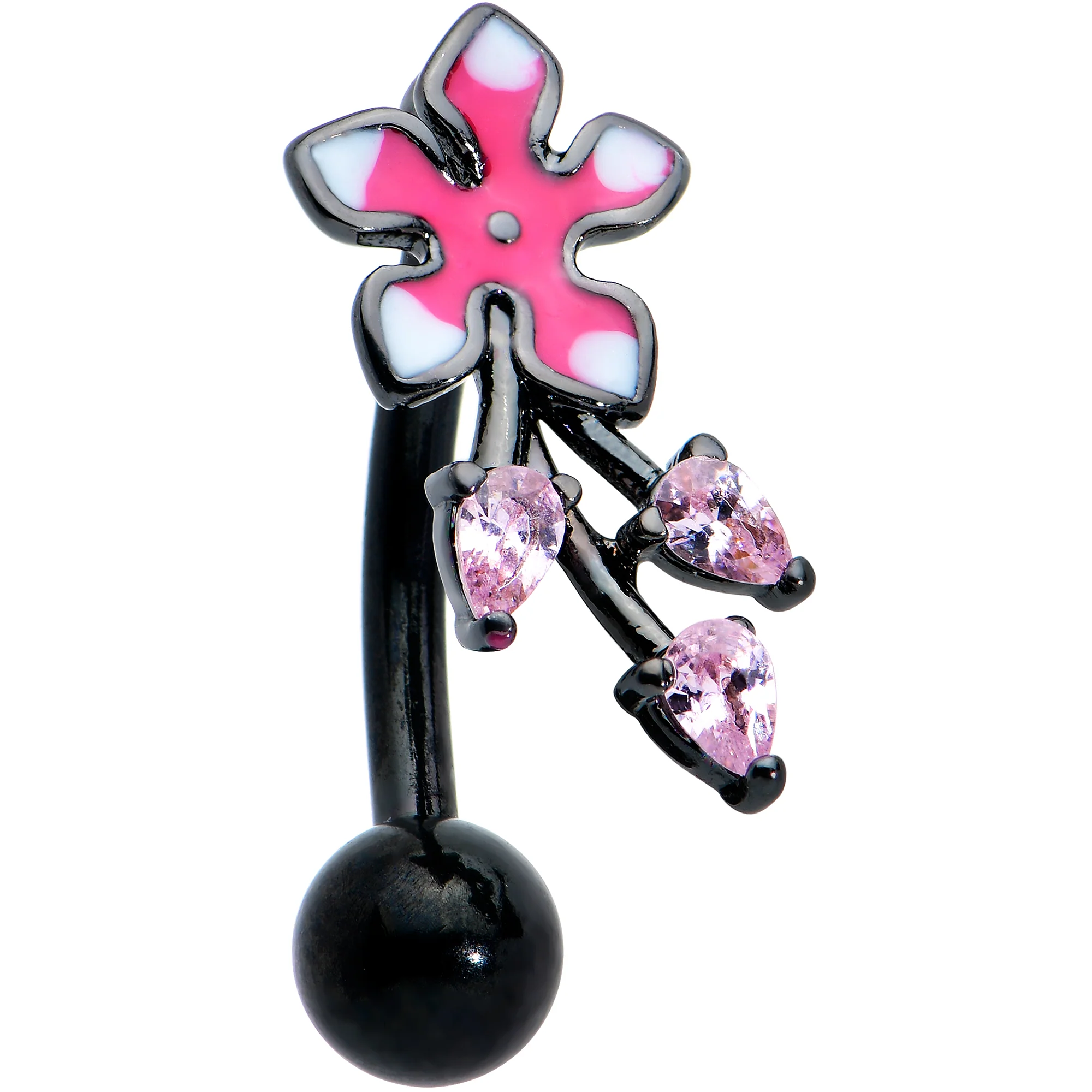 Pink Gem Black Fanciful Flower Top Mount Belly Ring - Image 2