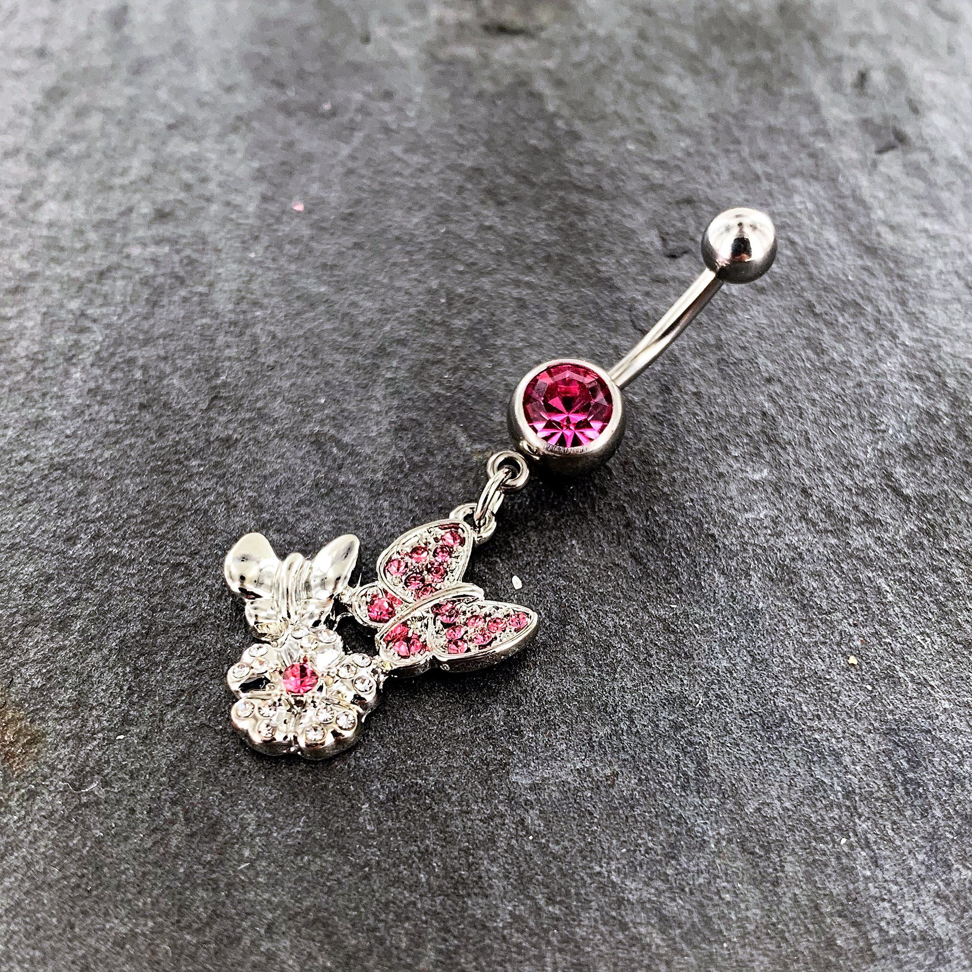 Pink Gem Butterflies Tiny Flower Dangle Belly Ring - Image 6