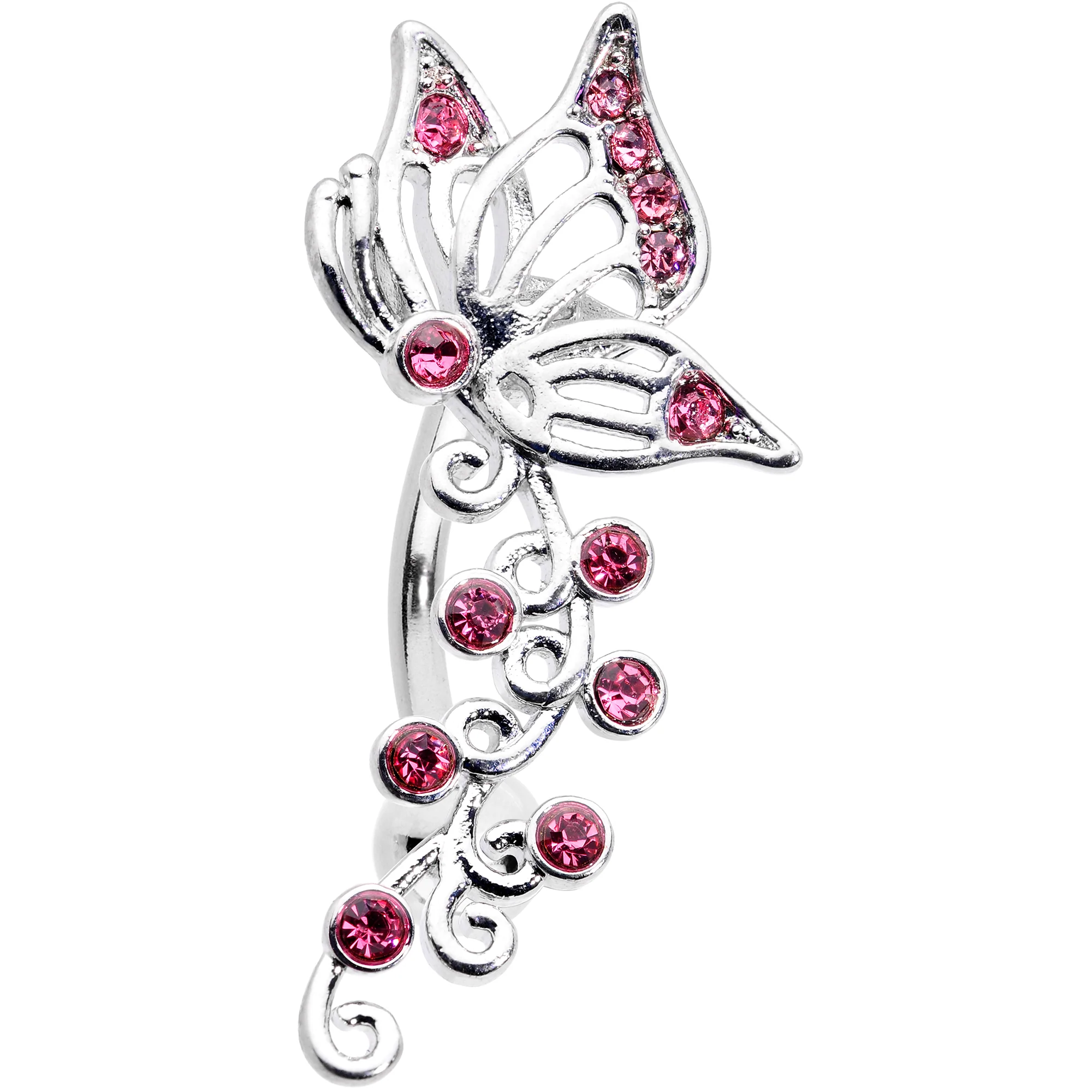 Pink Gem Butterfly Flower Garland Top Mount Belly Ring - Image 2