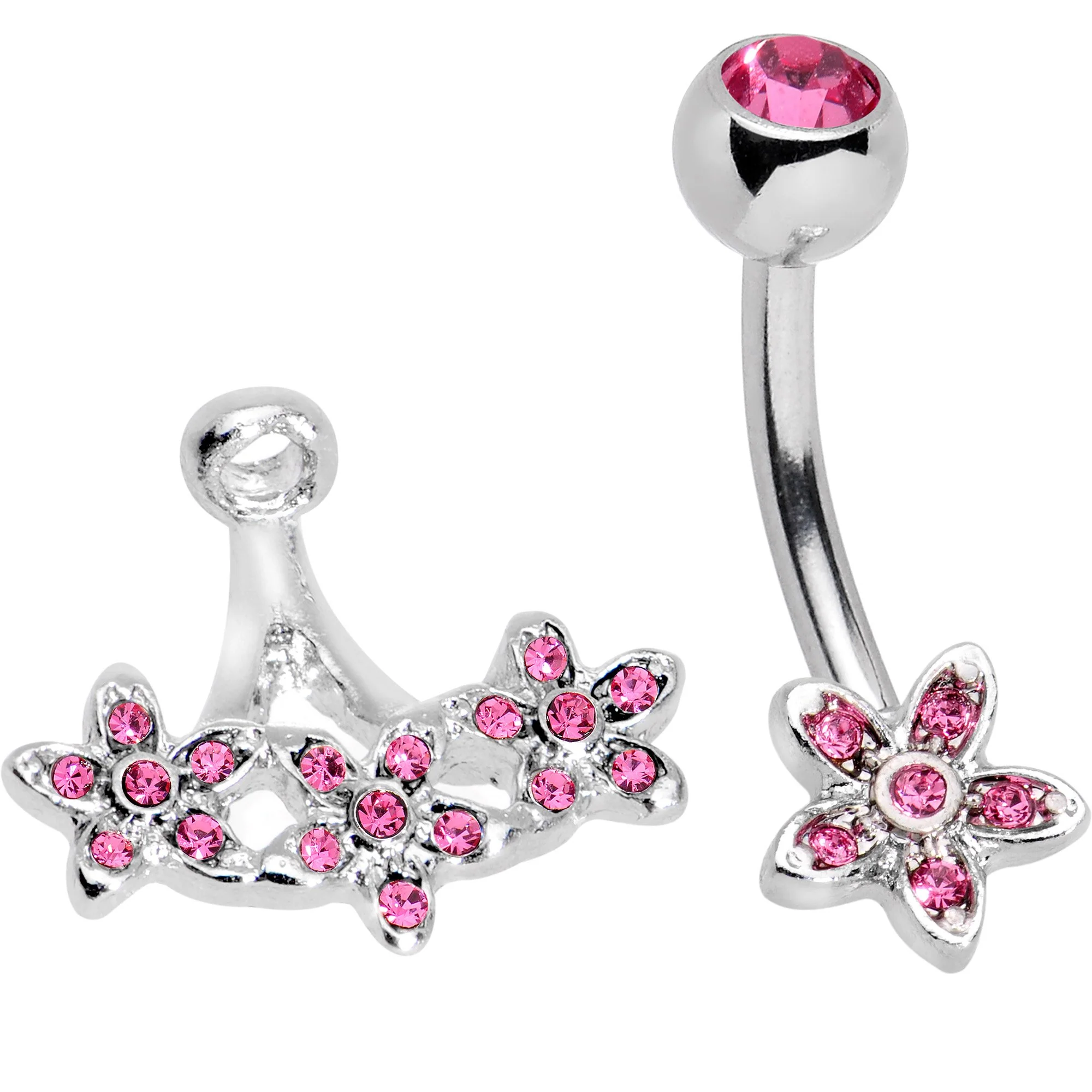 Pink Gem Field of Flowers Dangle Belly Ring - Image 4