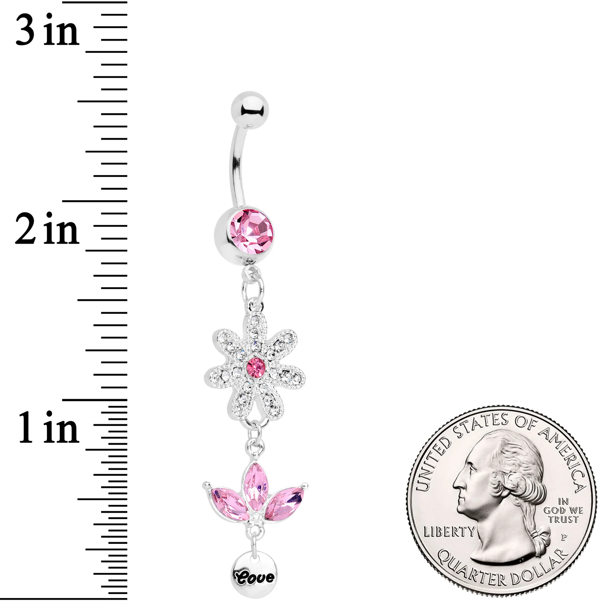 Pink Gem Flower Leaves Love Dangle Belly Ring - Image 2