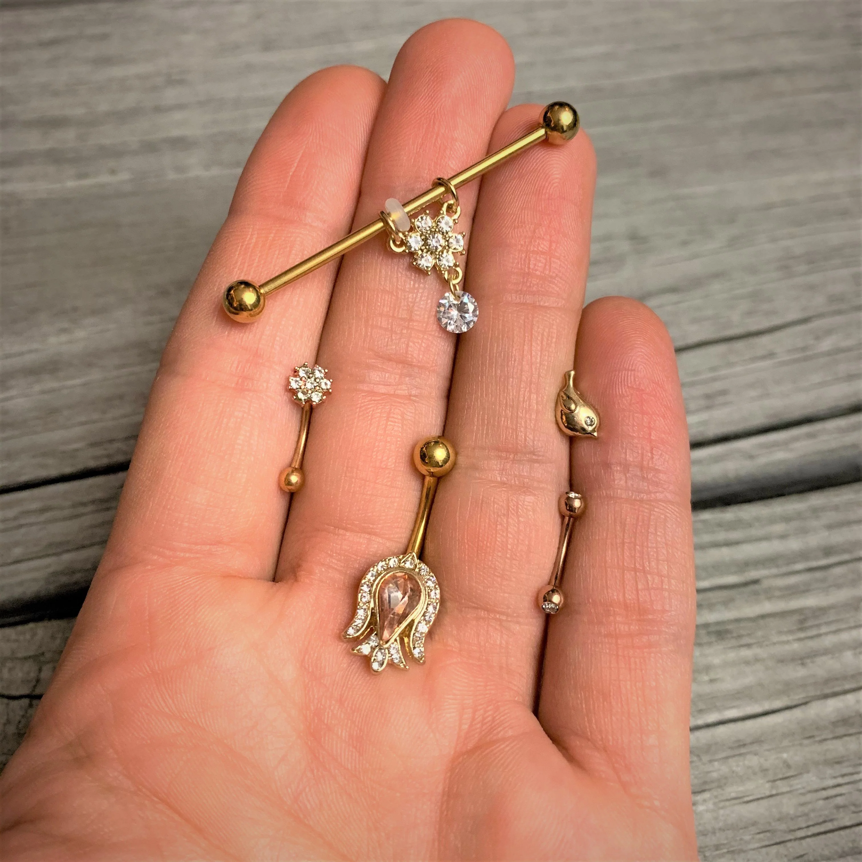 Pink Gem Gold Tone Plated Tulip Flower Belly Ring - Image 2