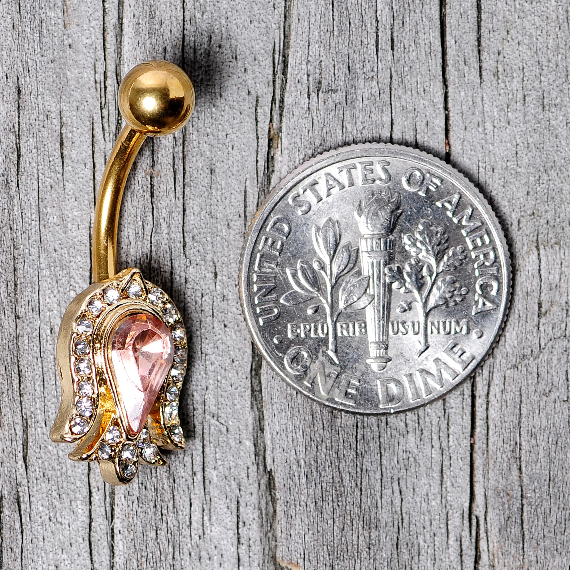 Pink Gem Gold Tone Plated Tulip Flower Belly Ring - Image 8