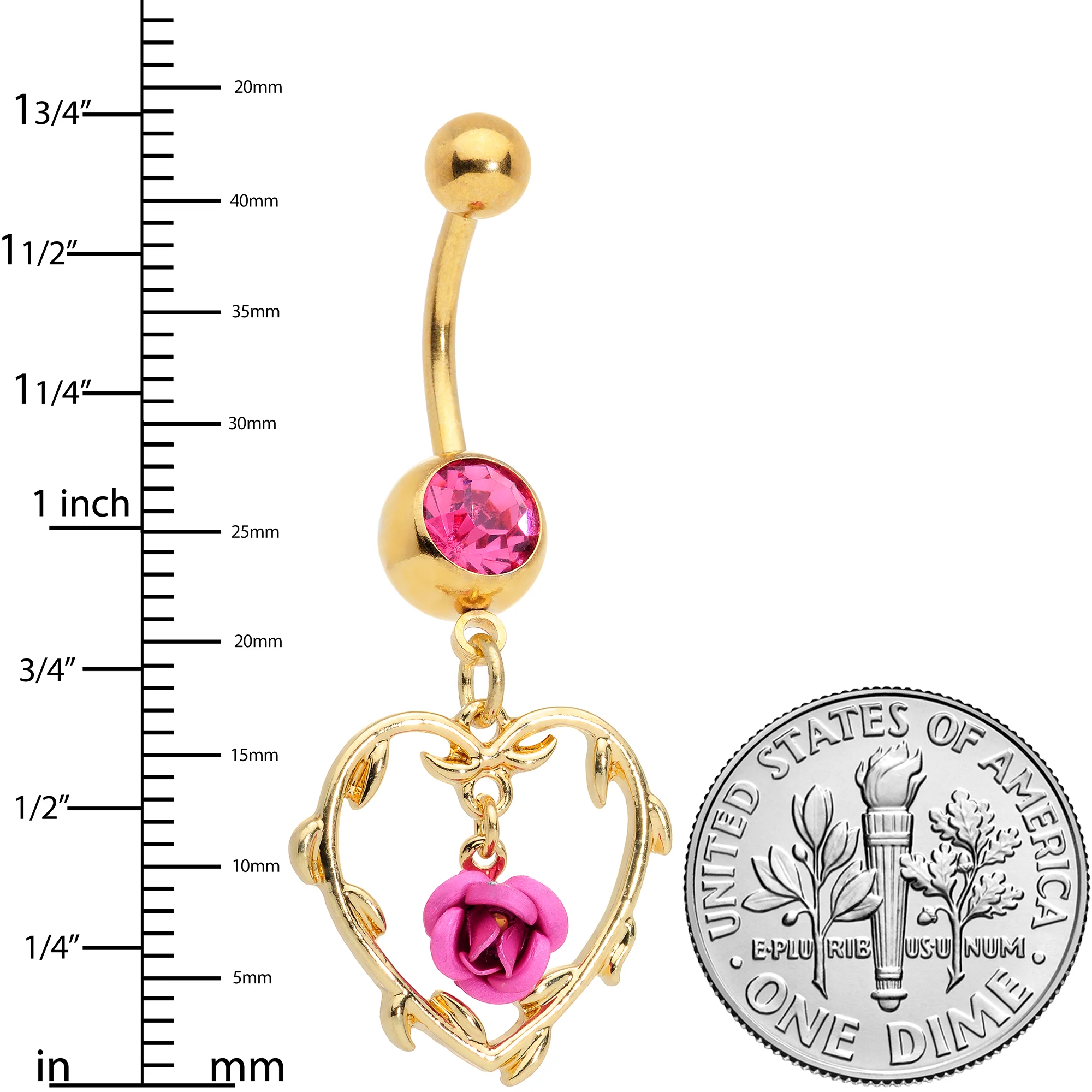 Pink Gem Gold Tone Rose Heart Valentines Day Dangle Belly Ring - Image 2