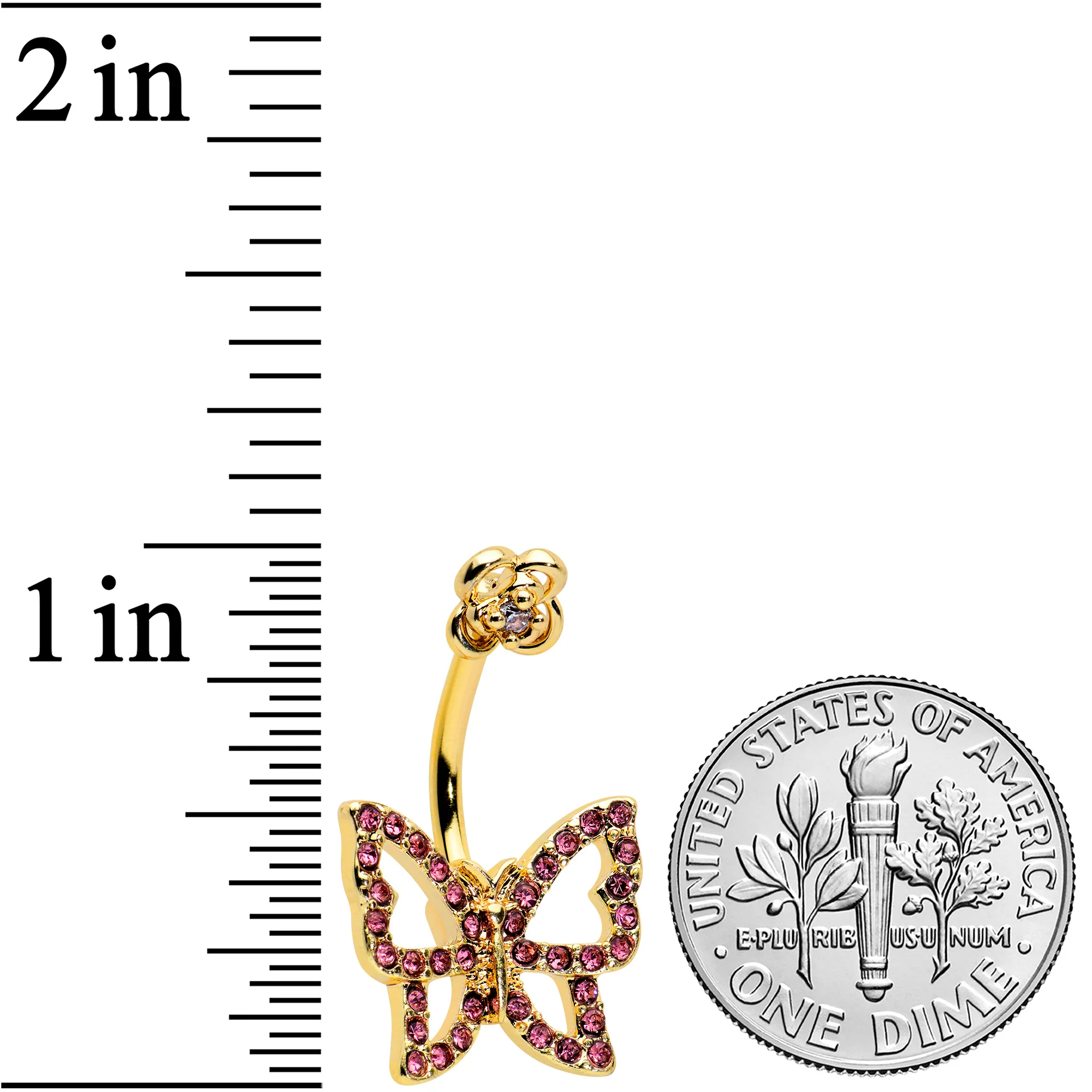 Pink Gem Gold Tone Simple Butterfly Flower Double Mount Belly Ring - Image 2