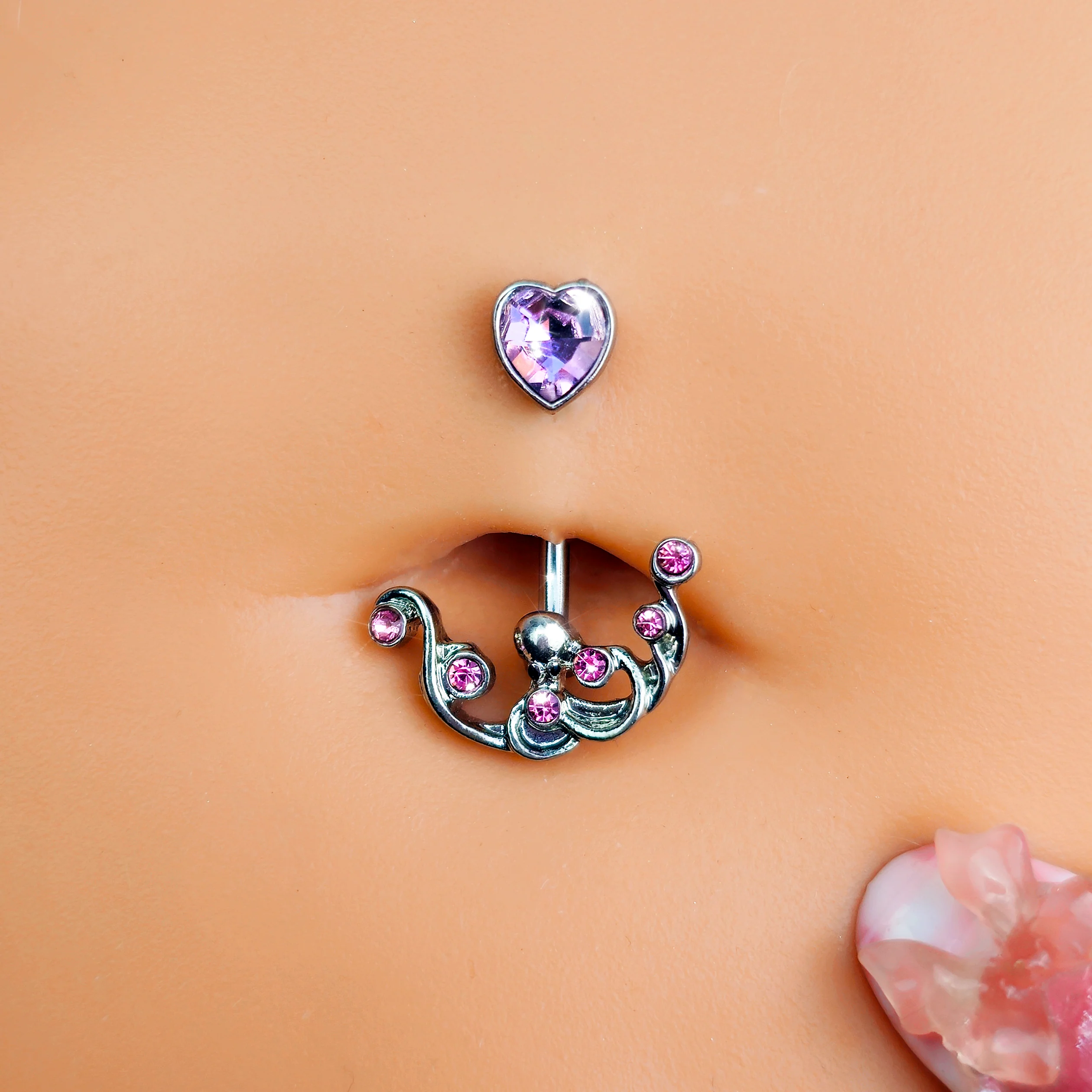 Pink Gem Heart Scrolling Elegance Double Mount Belly Ring - Image 2