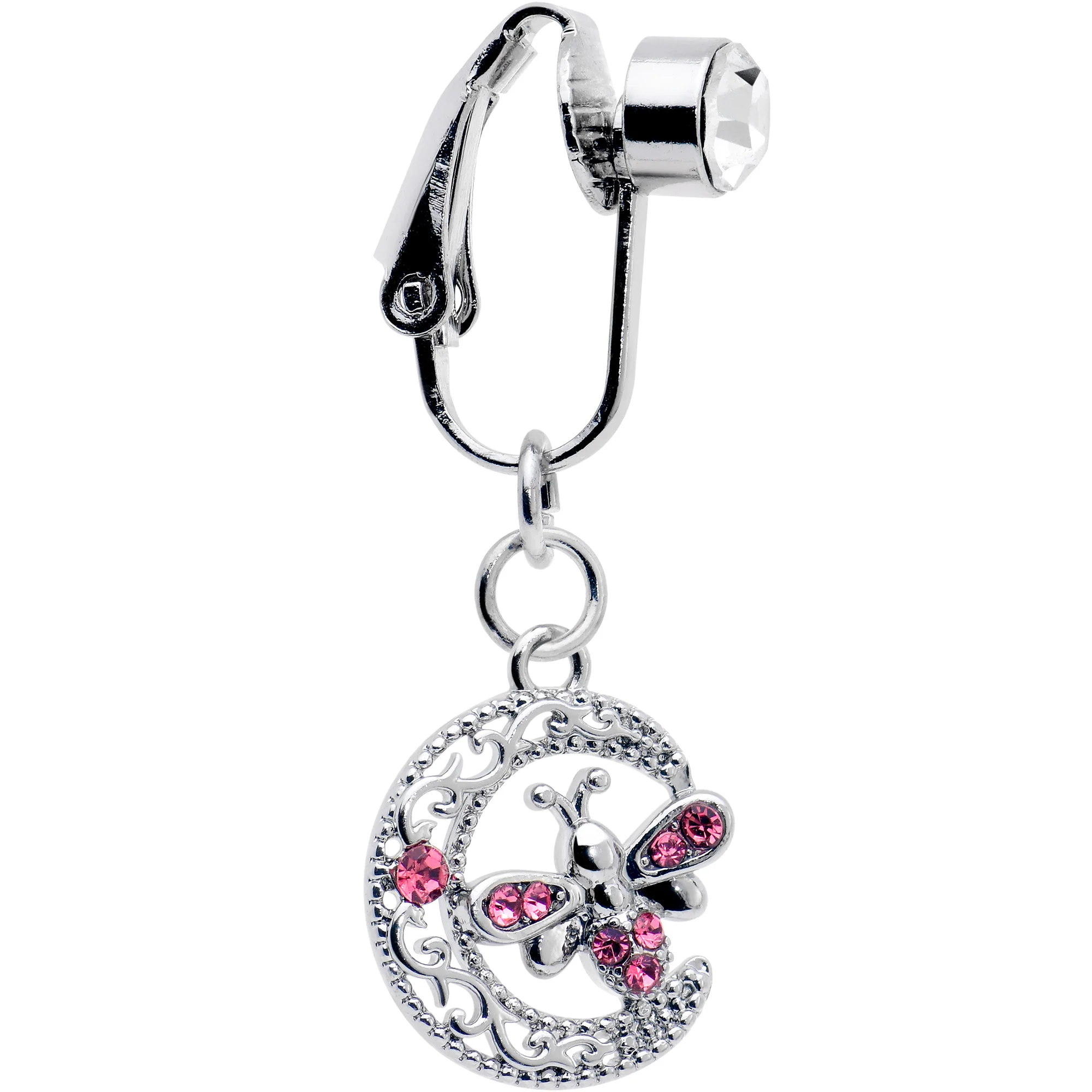 Pink Gem Lunar Dragonfly Fake Clip On Belly Ring - Image 2