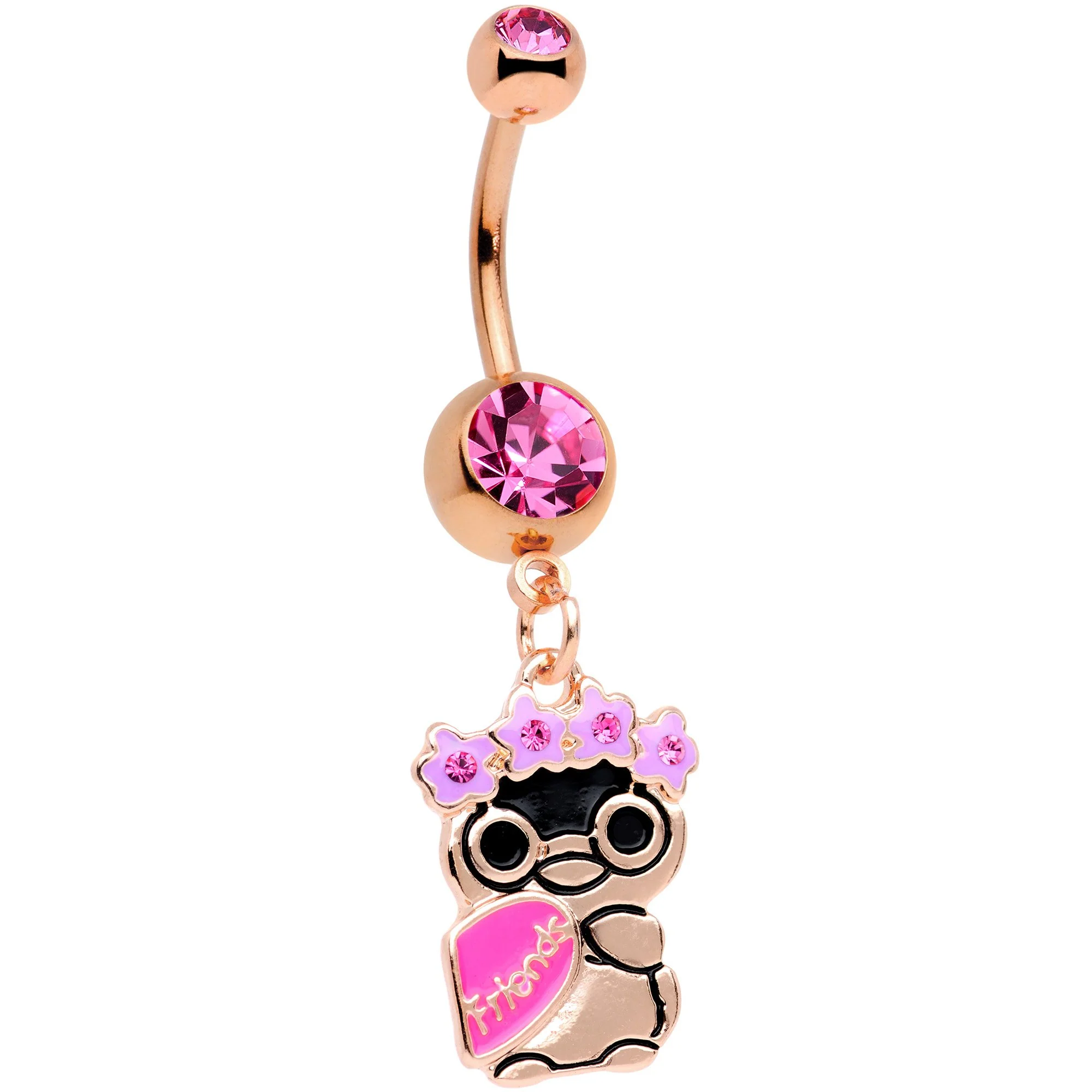 Pink Gem Rose Gold Tone Anodized BFF Penguins Dangle Belly Ring Set - Image 3