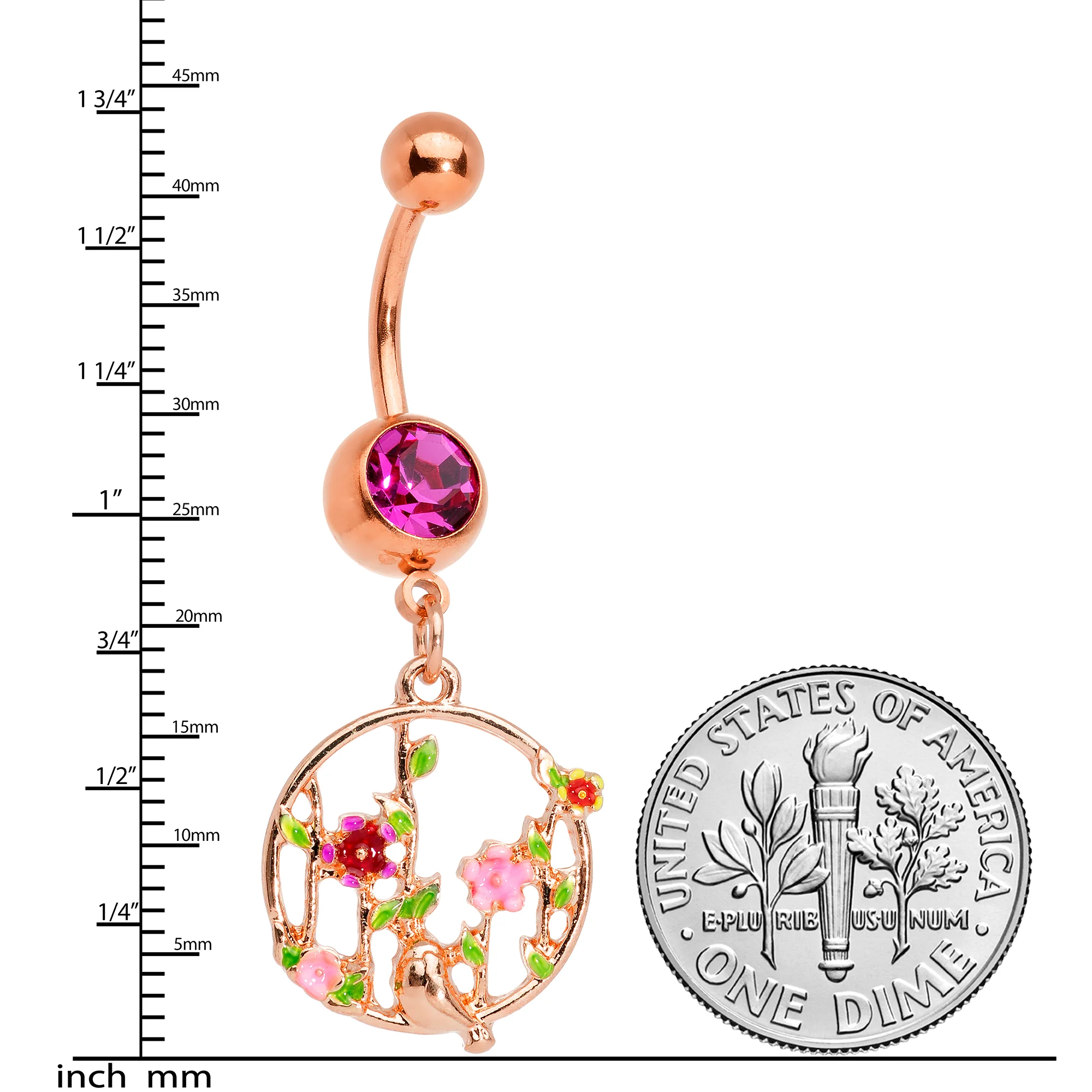Pink Gem Rose Gold Tone Floral Circle Dangle Belly Ring - Image 2