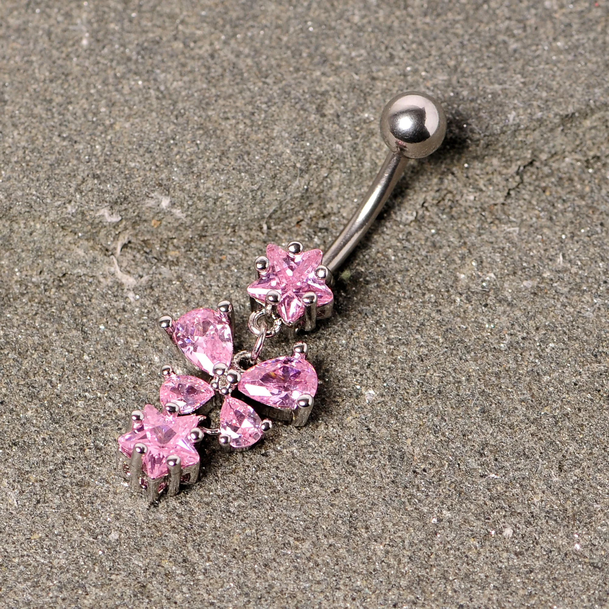 Pink Gem Star Bow Dangle Belly Ring - Image 3
