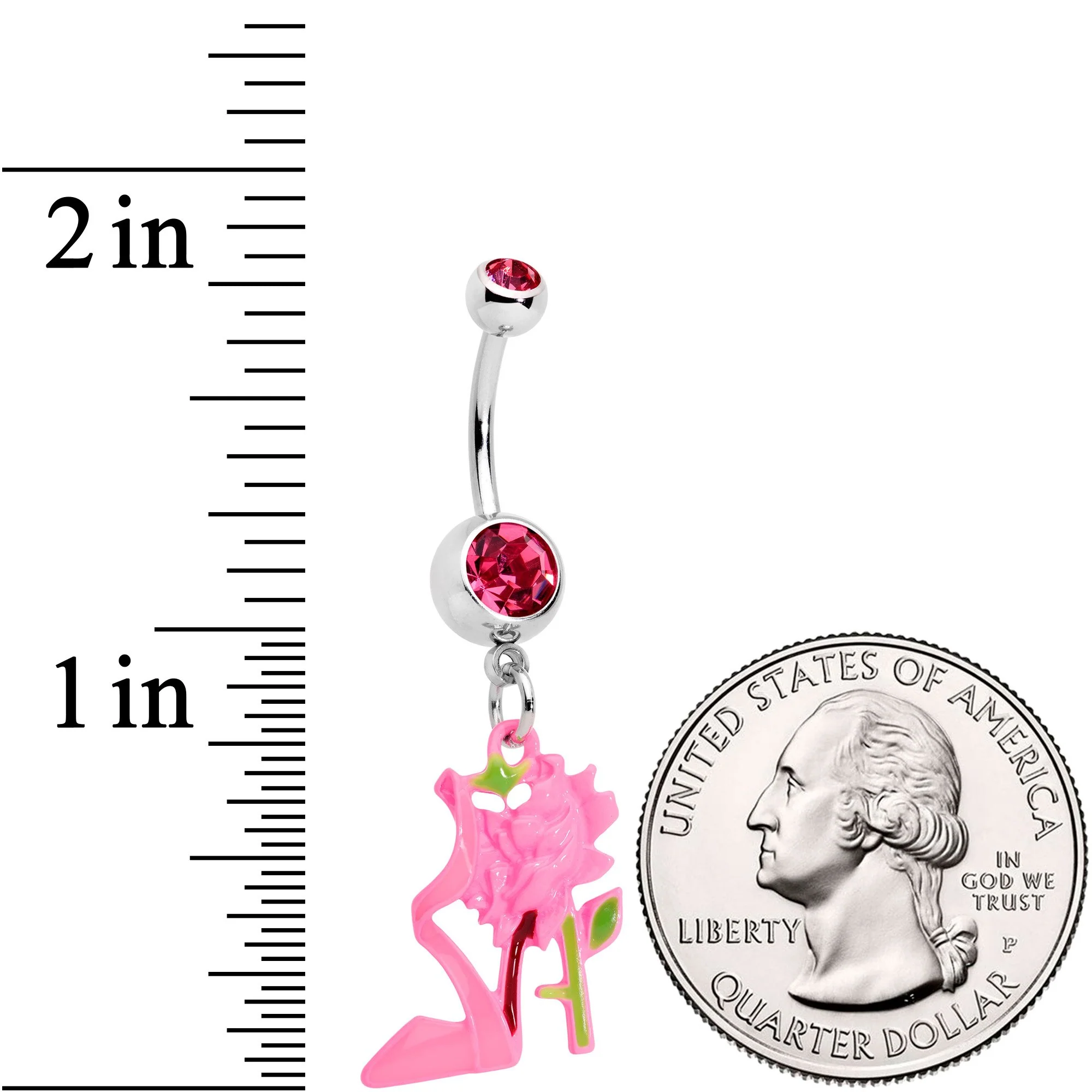 Pink Gems Tricolor Rose Flower and Stiletto Heel Dangle Belly Ring - Image 2