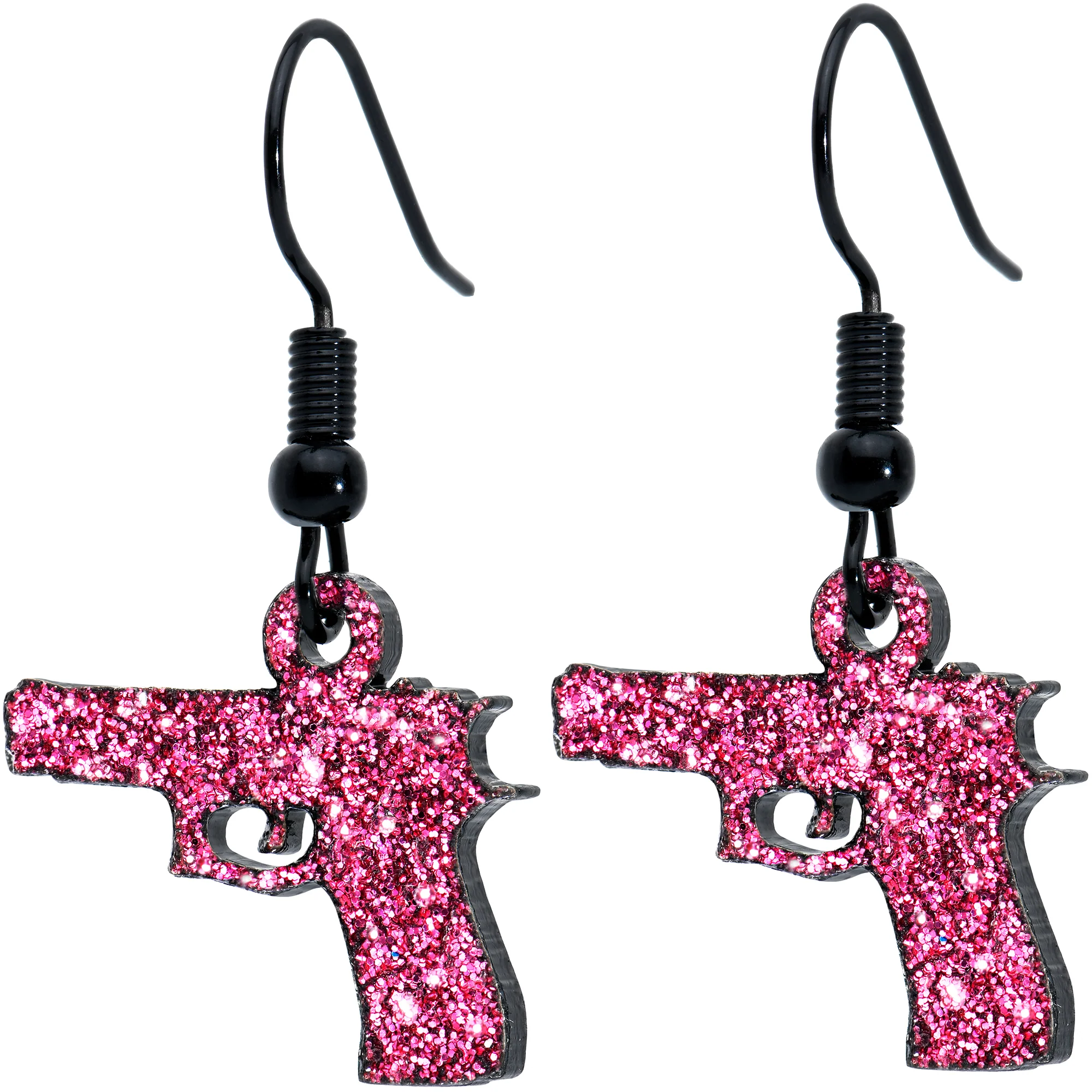 Pink Glitter Gun Fishhook Dangle Earrings - Image 2