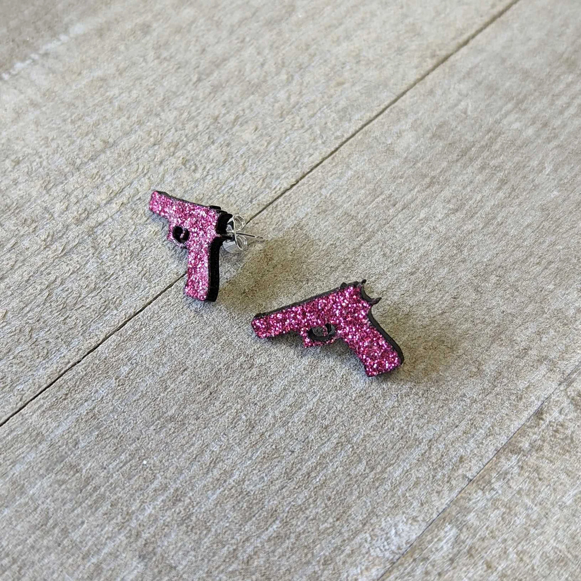 Pink Glitter Gun Stud Earrings Set - Image 3