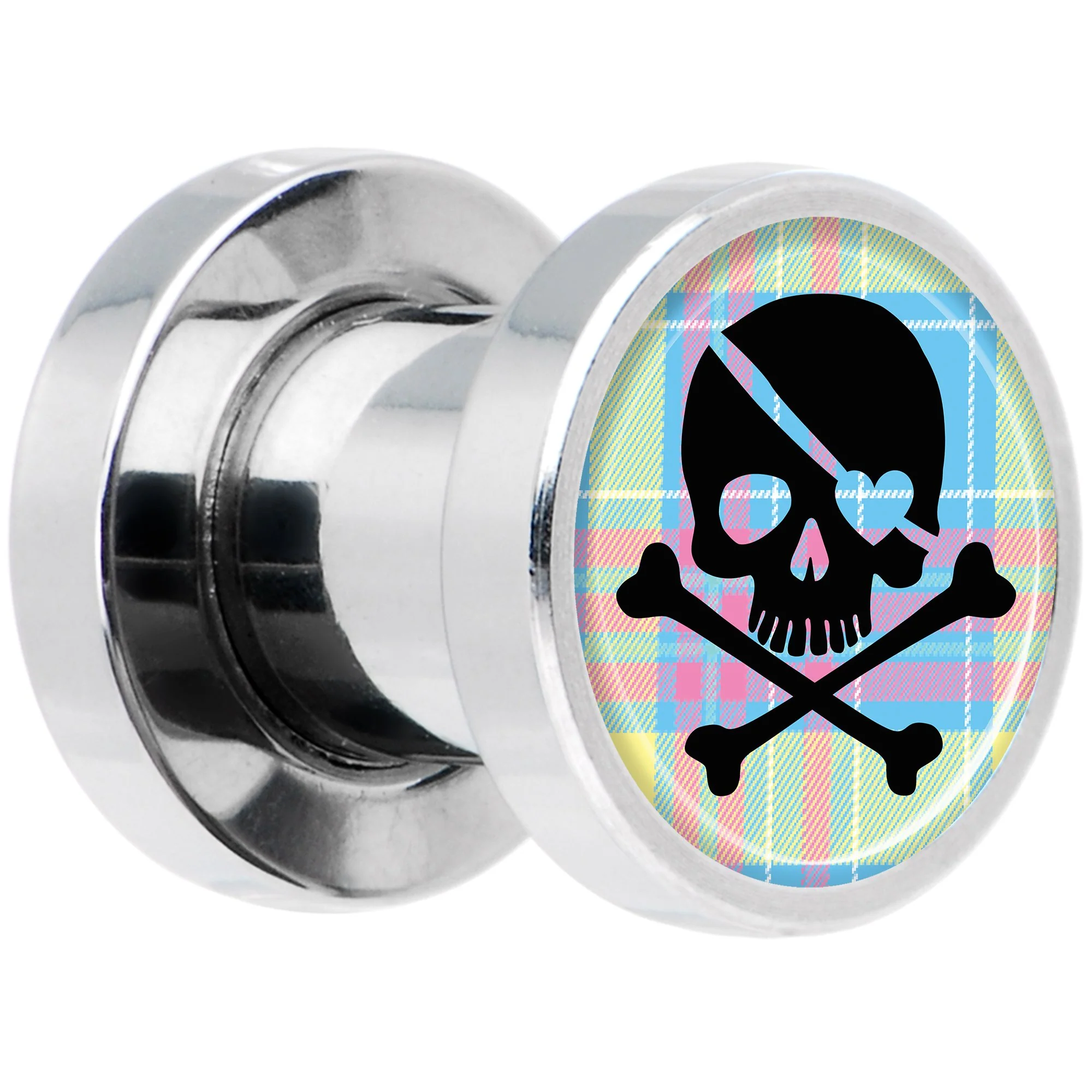Pink Green Plaid Heart Skull Steel Screw Fit Plug Set 2G - Image 2