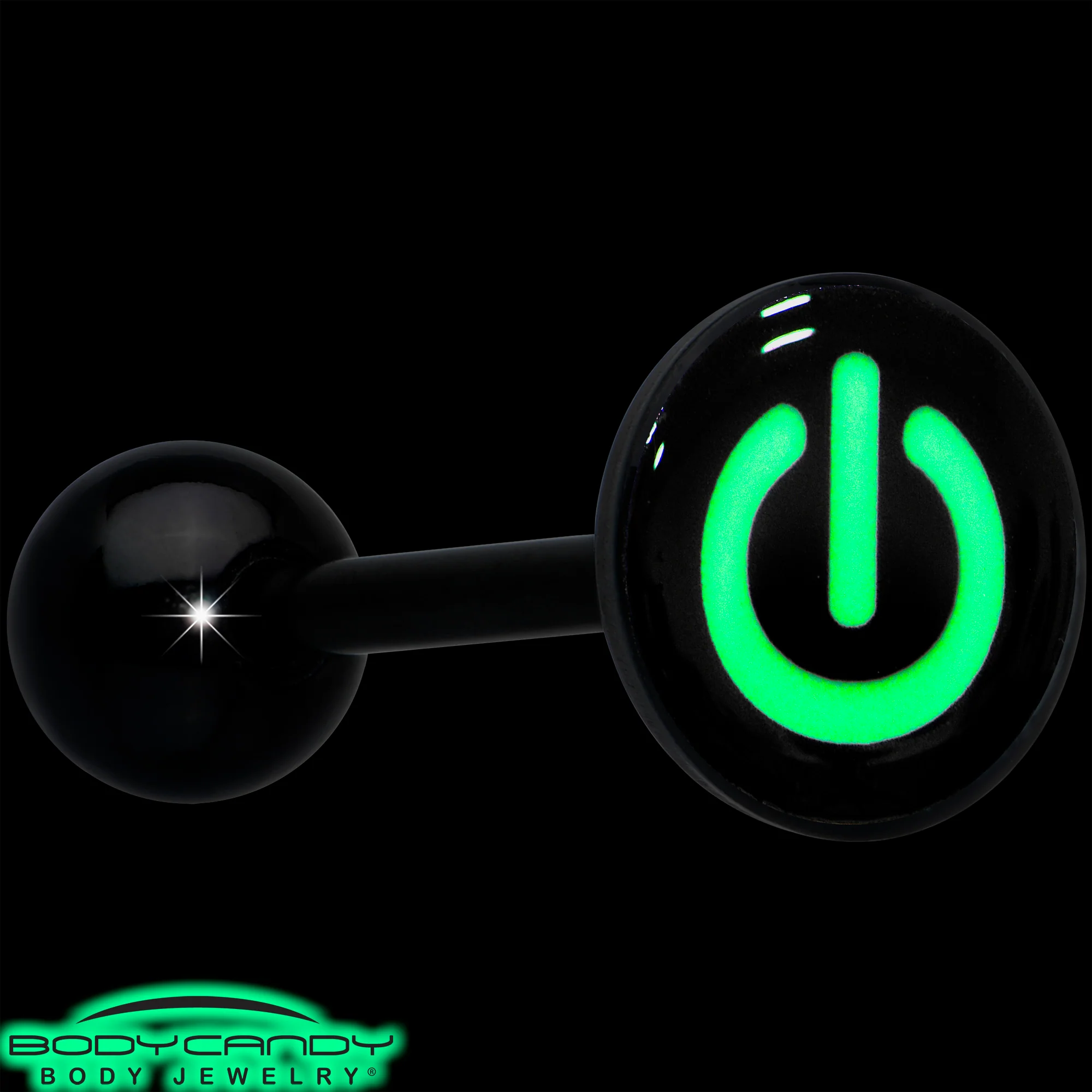 Power Button Glow in the Dark Black Anodized Barbell Tongue Ring - Image 14