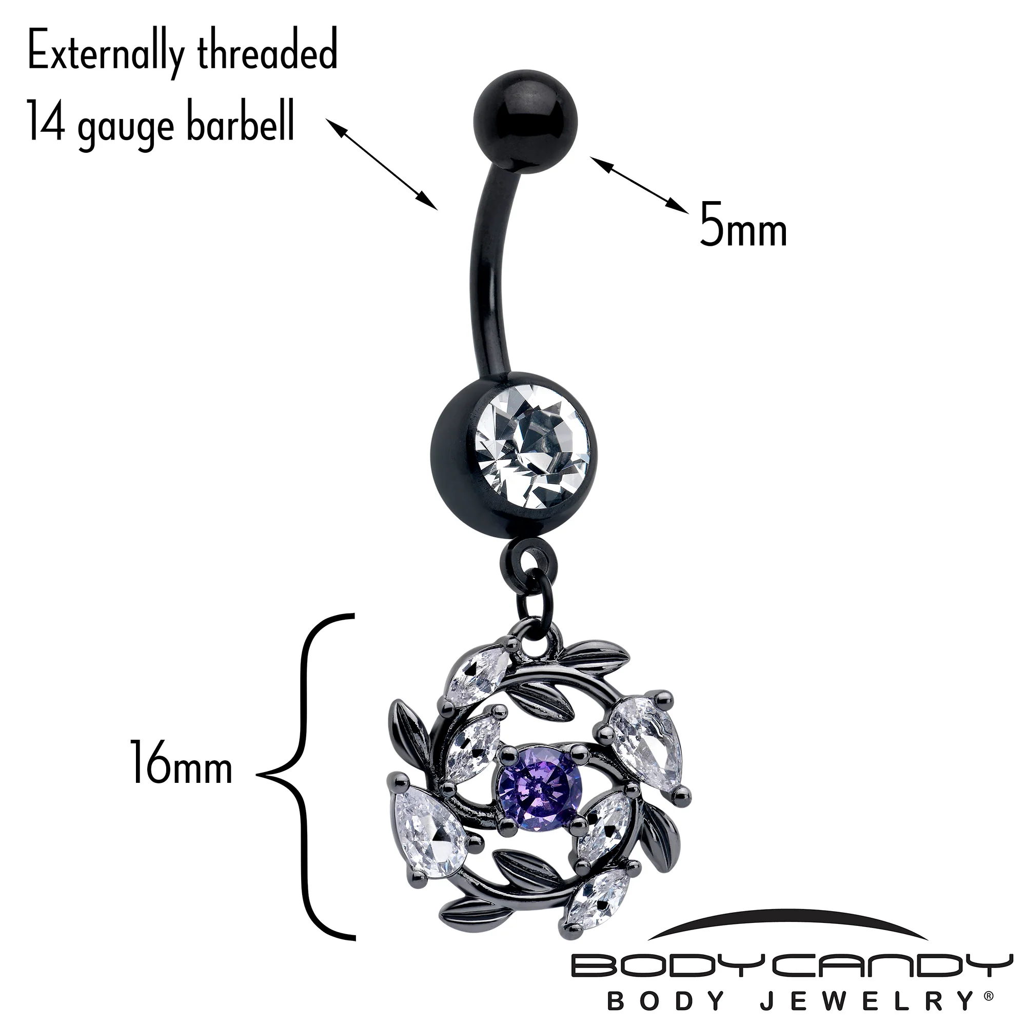 Purple Clear Gem Black Twining Vine Dangle Belly Ring - Image 2
