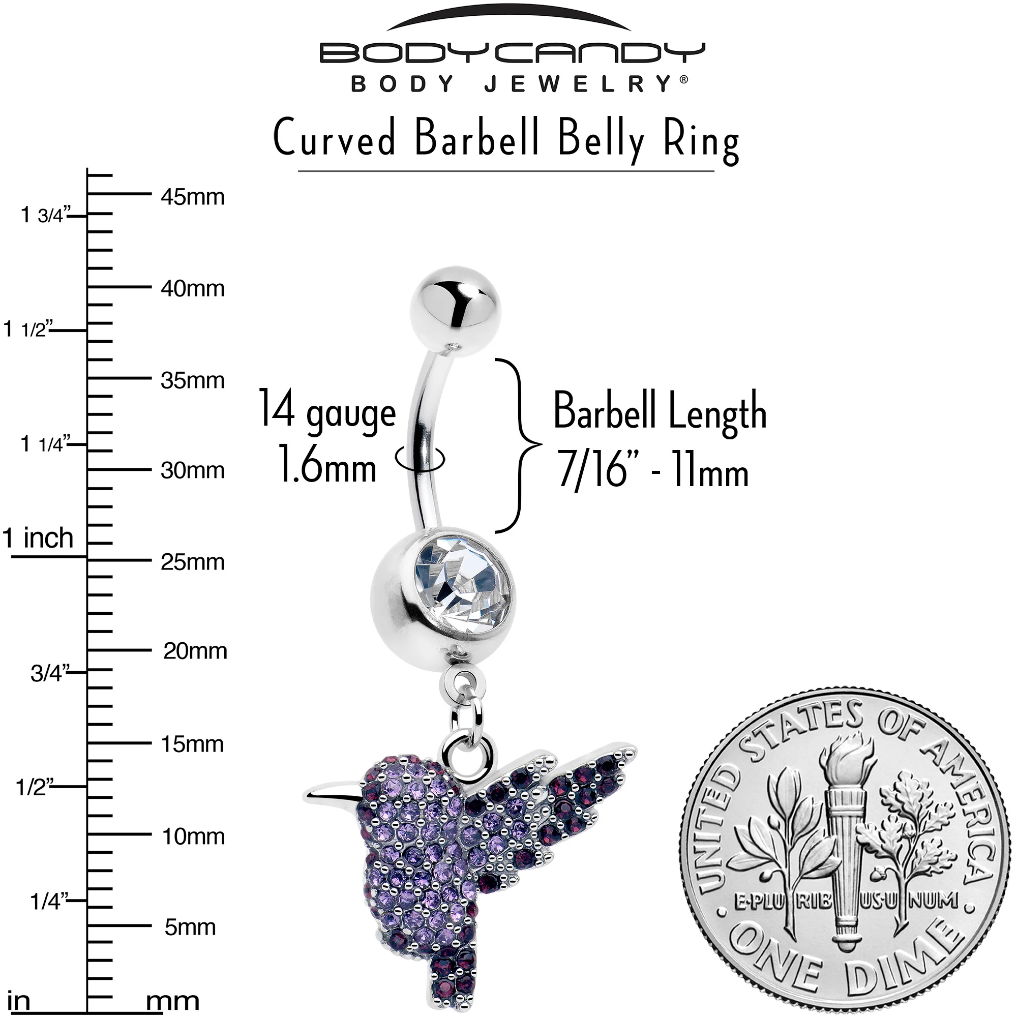 Purple Clear Gem Hummingbird Flair Dangle Belly Ring - Image 3