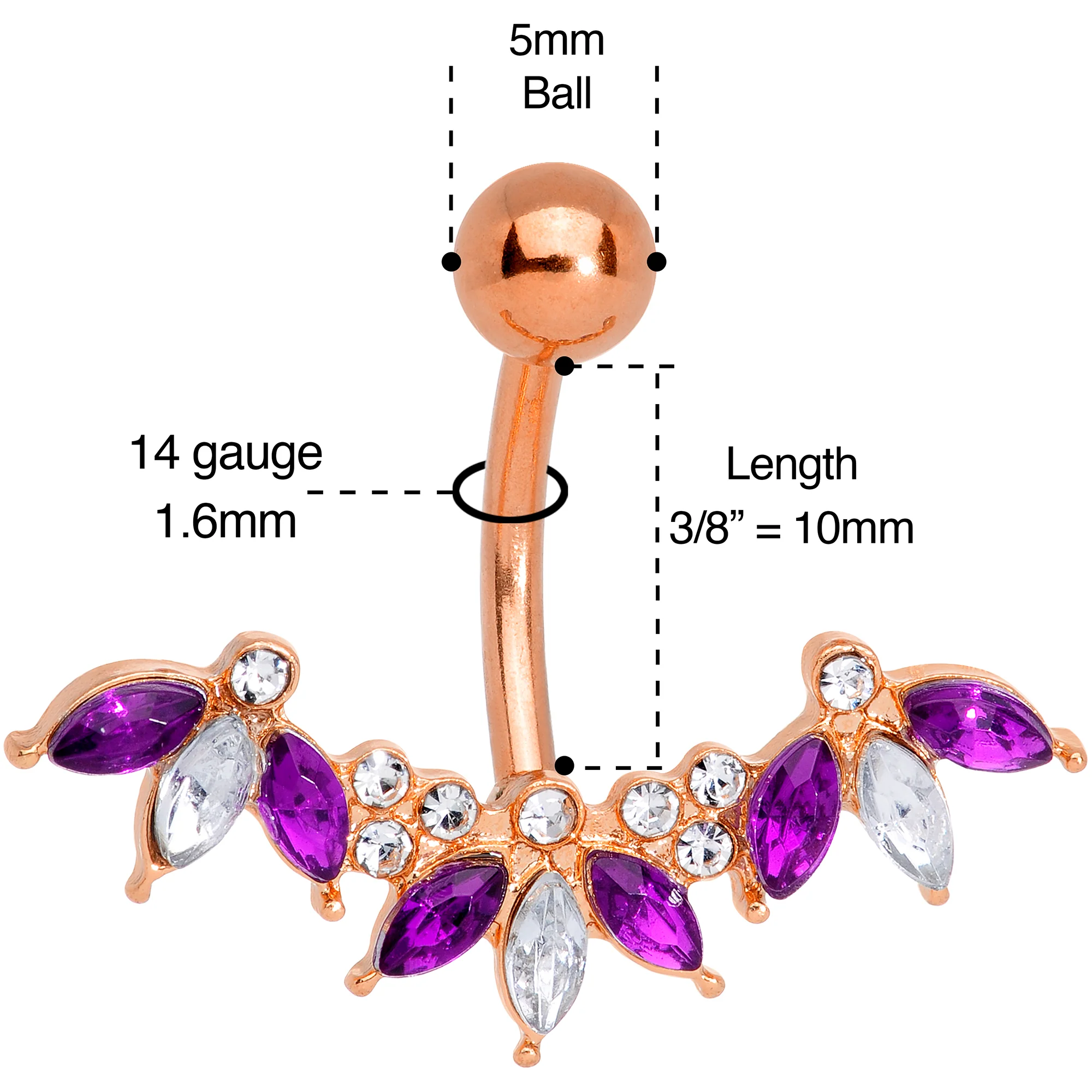 Purple Clear Gem Rose Gold Tone Anodized Comely Clusters Belly Ring - Image 3