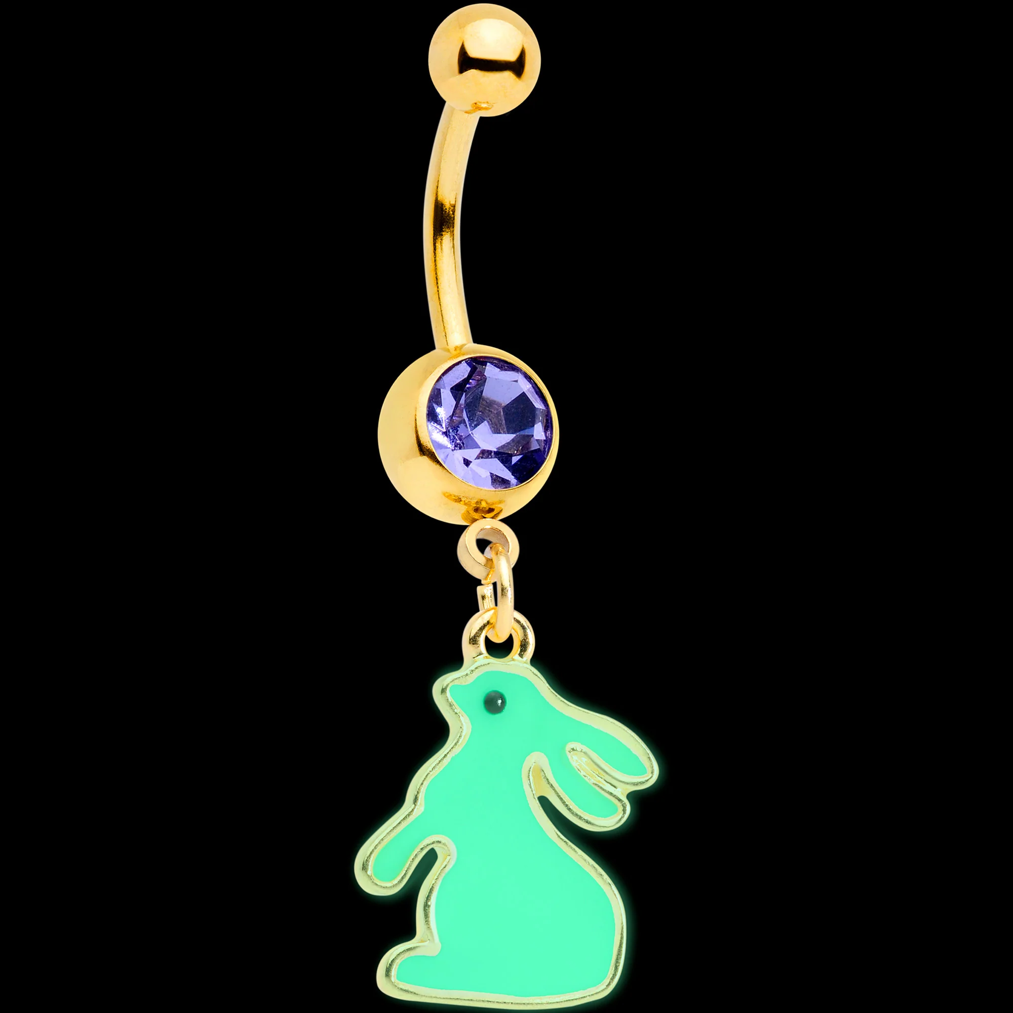 Purple Gem Gold Tone Easter Bunny Glow in the Dark Dangle Belly Ring - Image 2